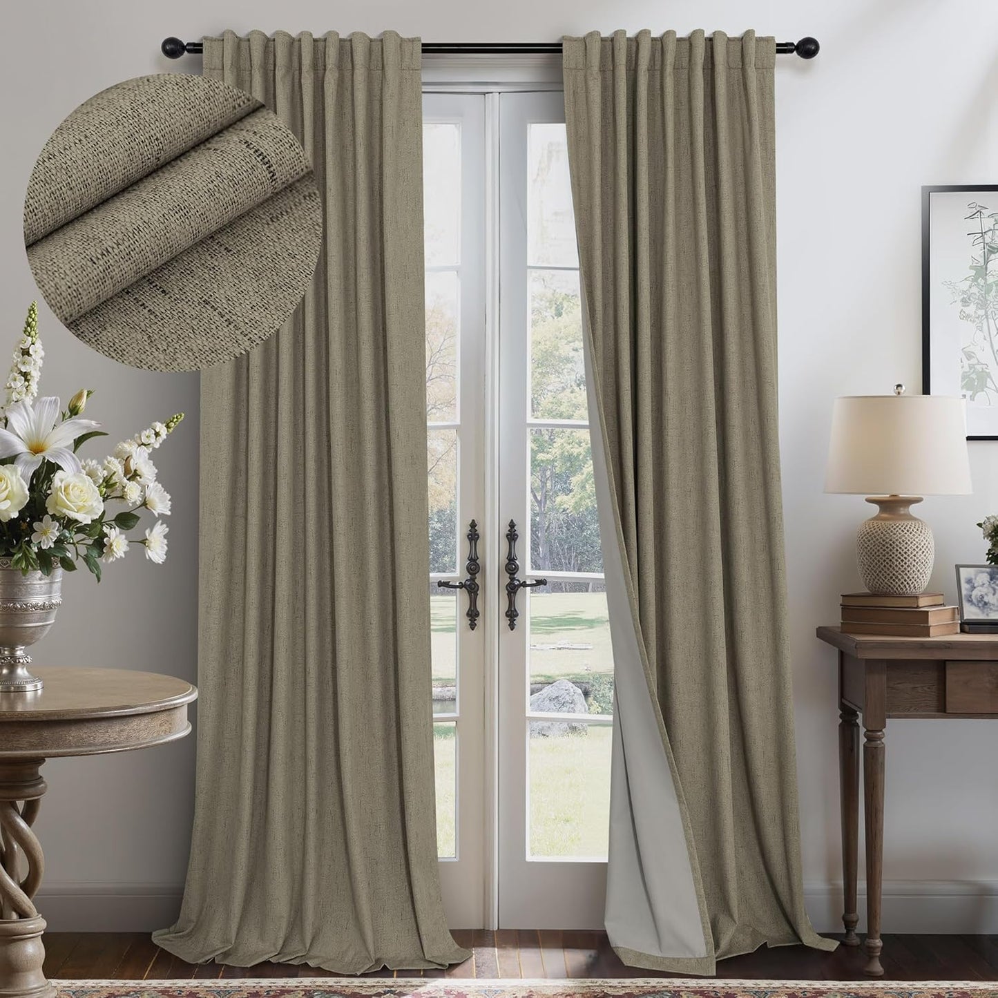 Pitalk Living Room Curtains 102 Inches Long for 103 Inch Tall Window Drape 100% Blackout Curtains for Bedroom Cold Weather Thermal Insulated Noise Reduction Curtain Farmhouse Style 2 Panels Dark Taupe