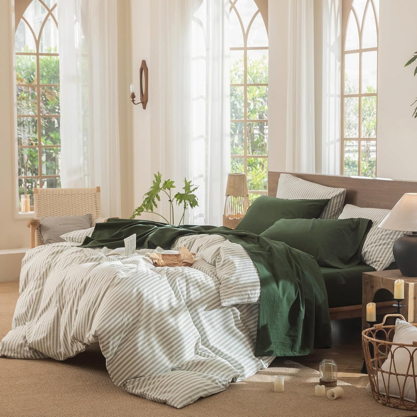 MooMee Bedding Sheet Set 100% Washed Cotton Linen Like Textured Breathable Durable Soft Comfy (Solid Forest Green, King)