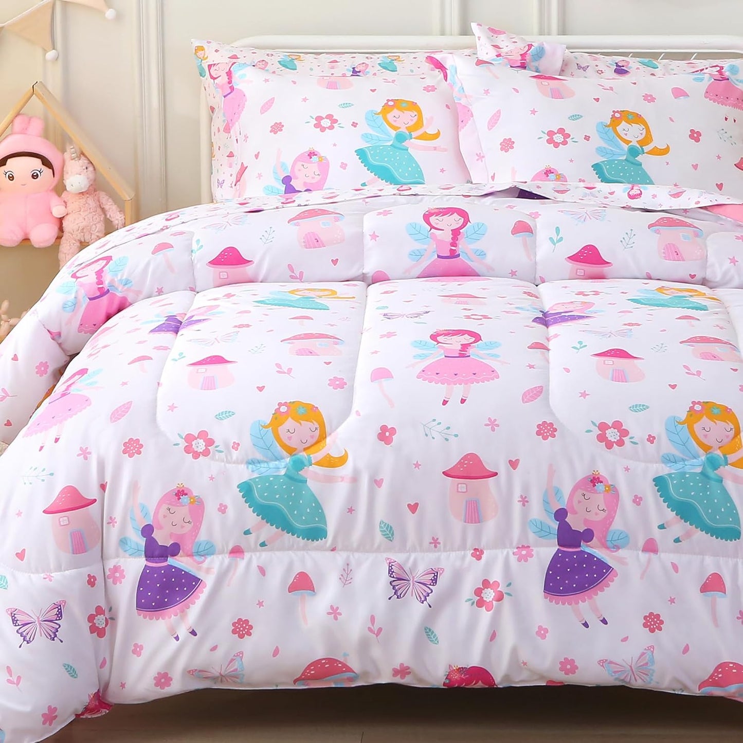 Viviland Kids Twin Bedding Sets for Girls, Soft Twin Comforter Set with Sheets, 5 Pieces Microfiber Bed in a Bag, Fairy Mushroom