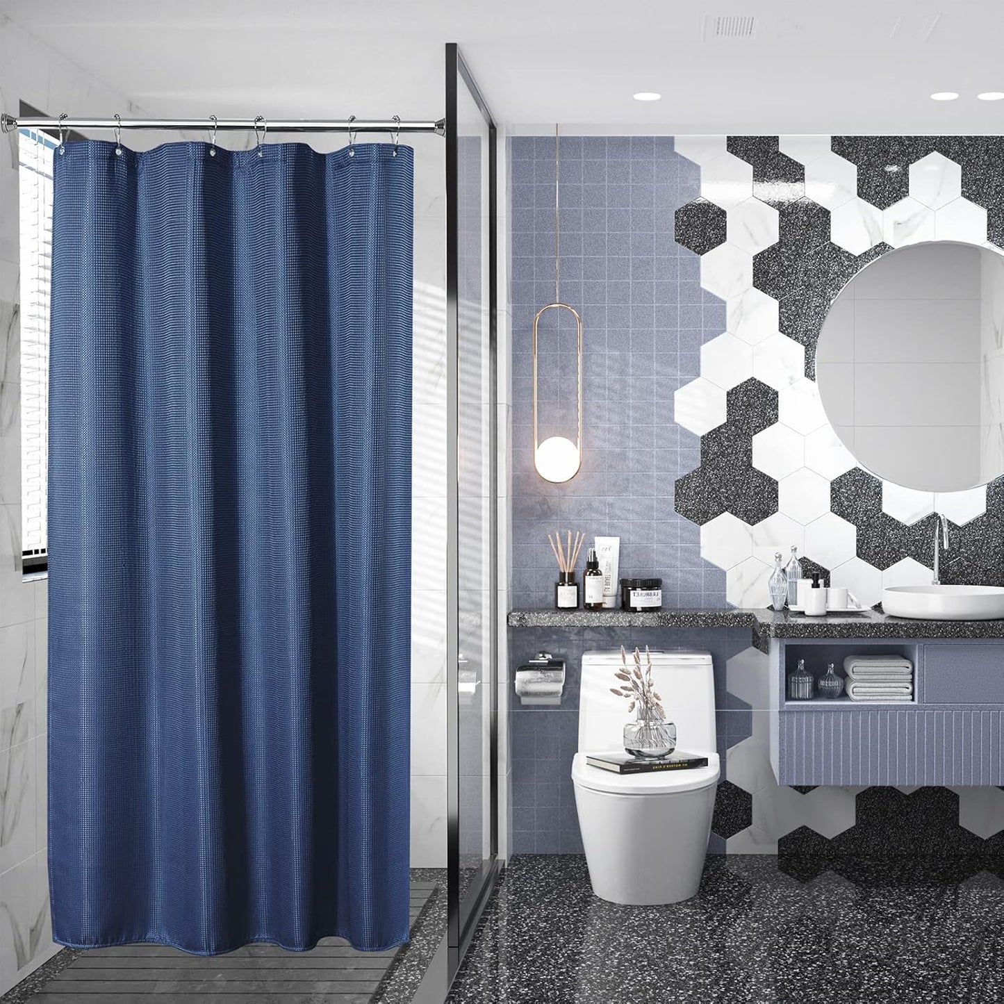 AmazerBath Navy Blue Waffle Shower Curtain Half Size, Stall Shower Curtain Fabric, Hotel Quality Bathroom Shower Curtains, 36 x 72 Inches