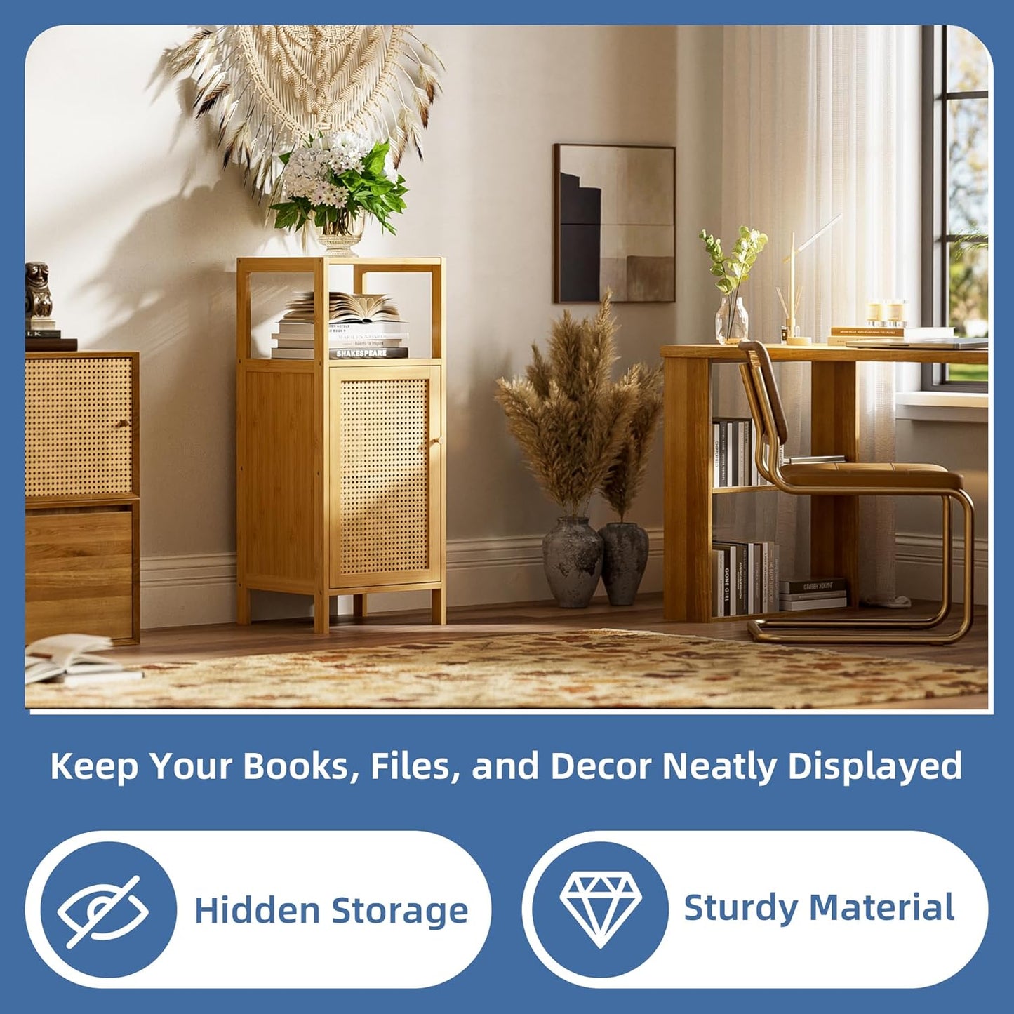 HITNET Rattan Bathroom Storage Cabinet, Small Bamboo Floor Cupboard with Door, Freestanding Narrow Side Organizer for Living Room, Kitchen, Entryway, Natural