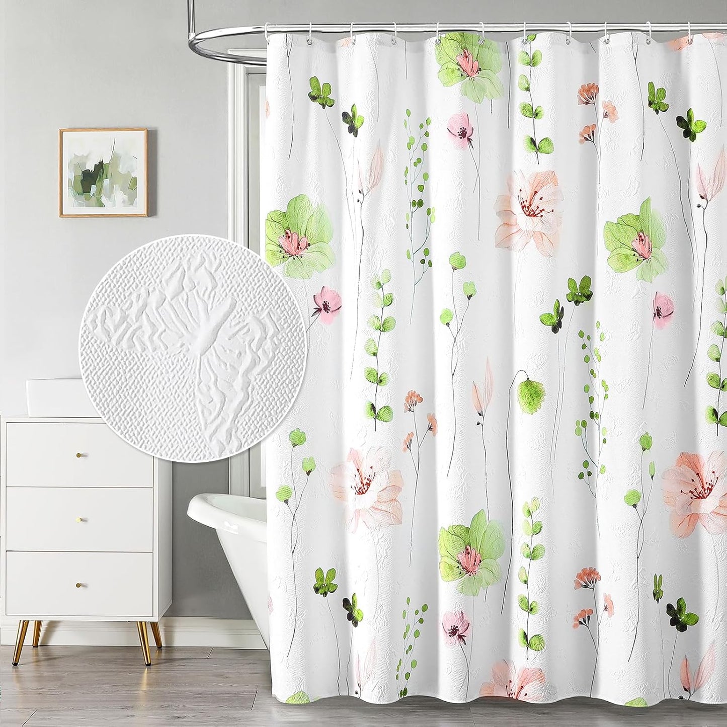 QiyI Watercolor Floral Shower Curtain, 3D Embossed Butterflies Green Pink Flower Bathroom Curtain, Minimalist White Cloth Bath Curtain, Waterproof Fabric Textured Shower Curtain Set with Hooks, 72x72