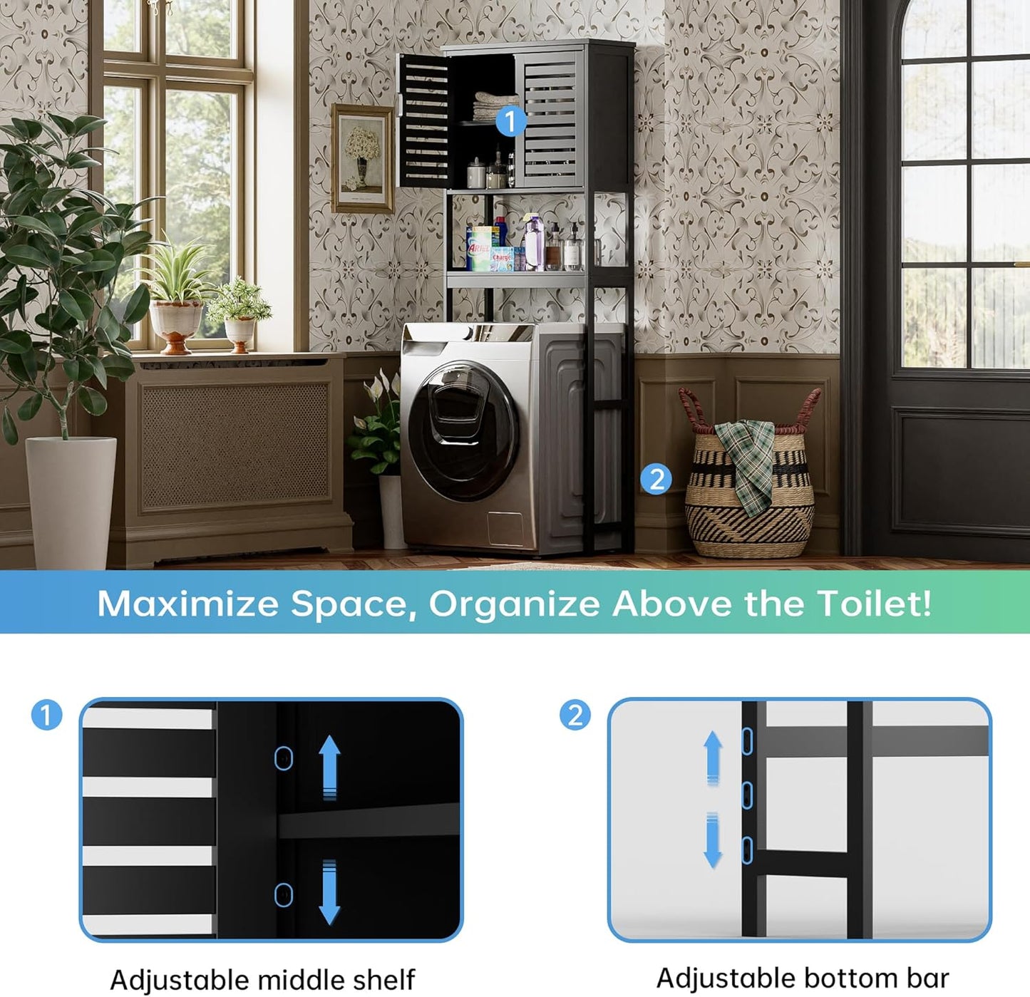 SMIBUY Bathroom Over The Toilet Storage Cabinet, 2 Door Bamboo Cabinet Organizer, Freestanding Space Saver Toilet Rack with Adjustable Inside Shelf and Open Shelf (Black)
