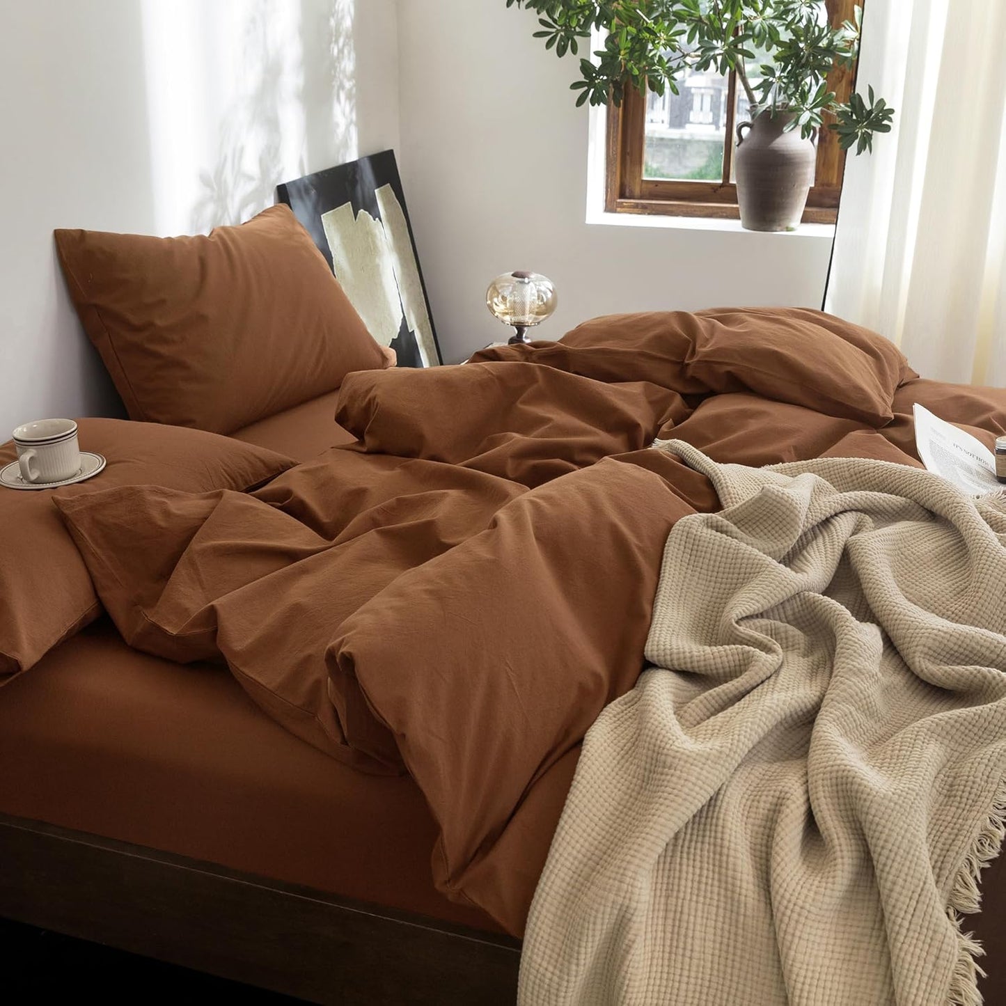 FOSSA Duvet Cover Set 100% Washed Cotton Linen Feel Super Soft Breathable Cozy 3 Pieces Bedding Sets Solid Dark Orange Super King