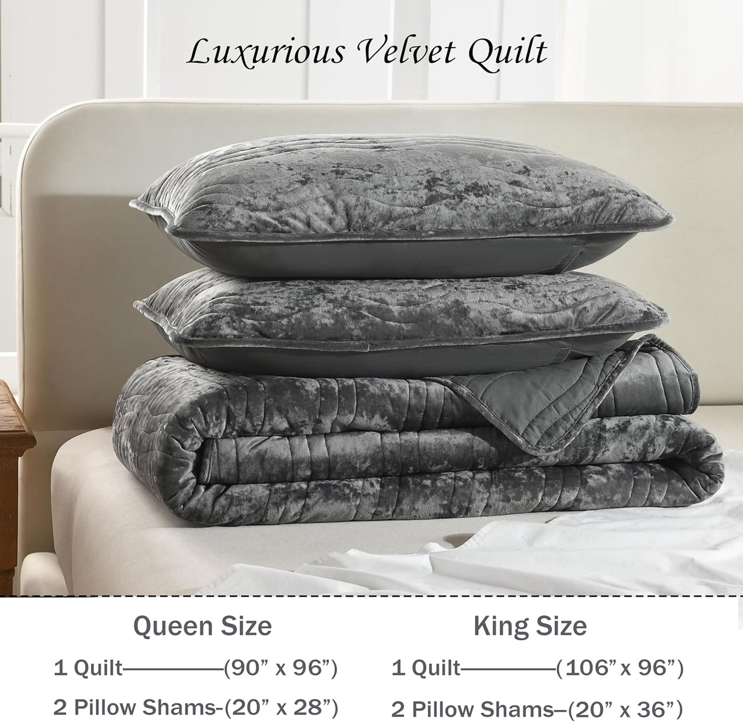 Velvet Quilt Set, Grey Velvet Quilt King Size Comforter Set, Luxury Bedding Soft Plush Bedspread, Machine Washable Coverlet, All-Season 3 Pieces