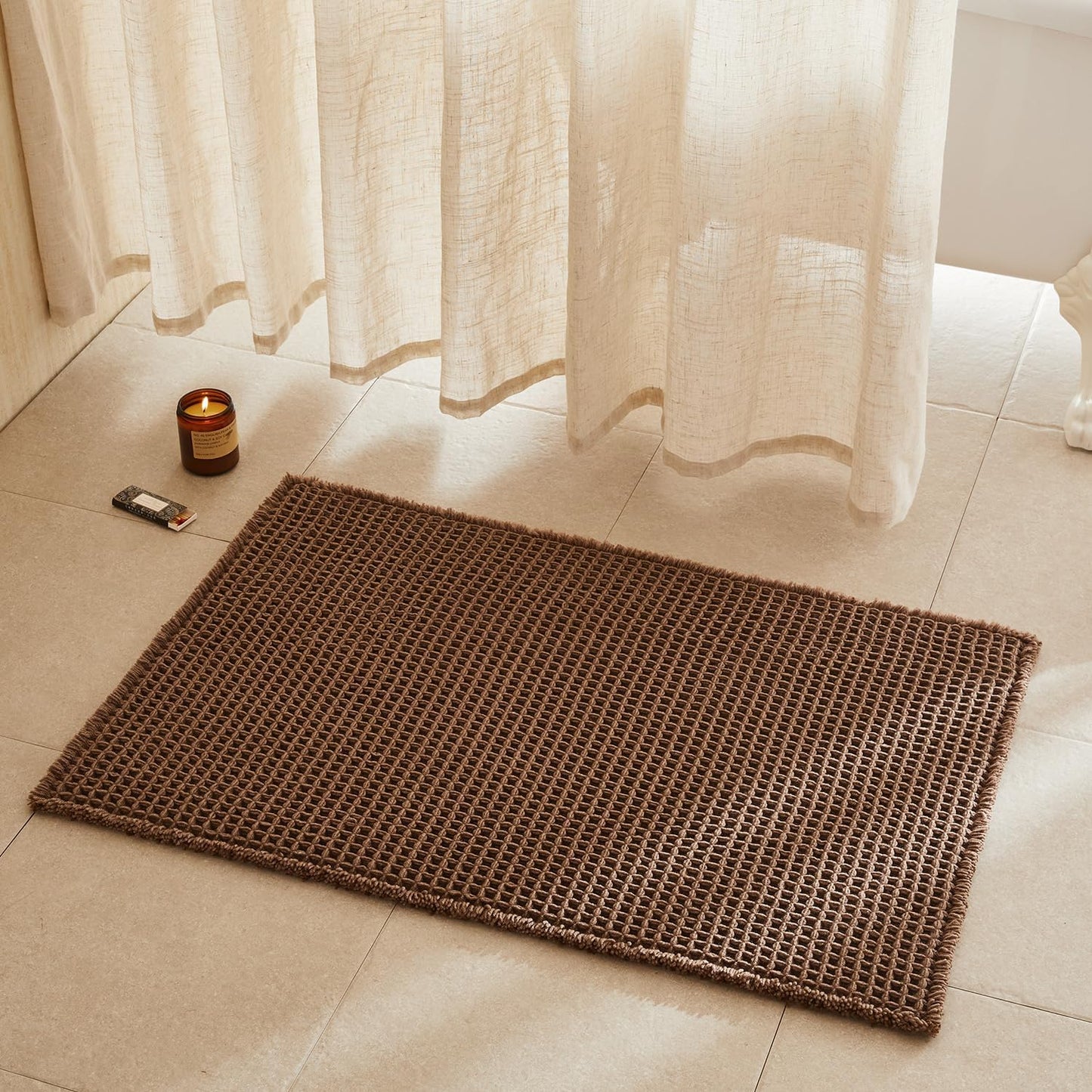 Waffle Bath Mat, Boho Bathroom Rugs Non Slip Washable Super Absorbent Quick Dry Bath Mat Farmhouse Bathroom Decor, 36"x24" Mocha