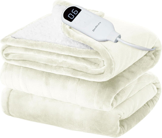 Bedsure Electric Blanket Twin - Soft Flannel Heated Blanket, Fast Heating with 10 Time Settings & 6 Heat Settings, Warm Gift for Grandma (62x84 inches, Ivory)