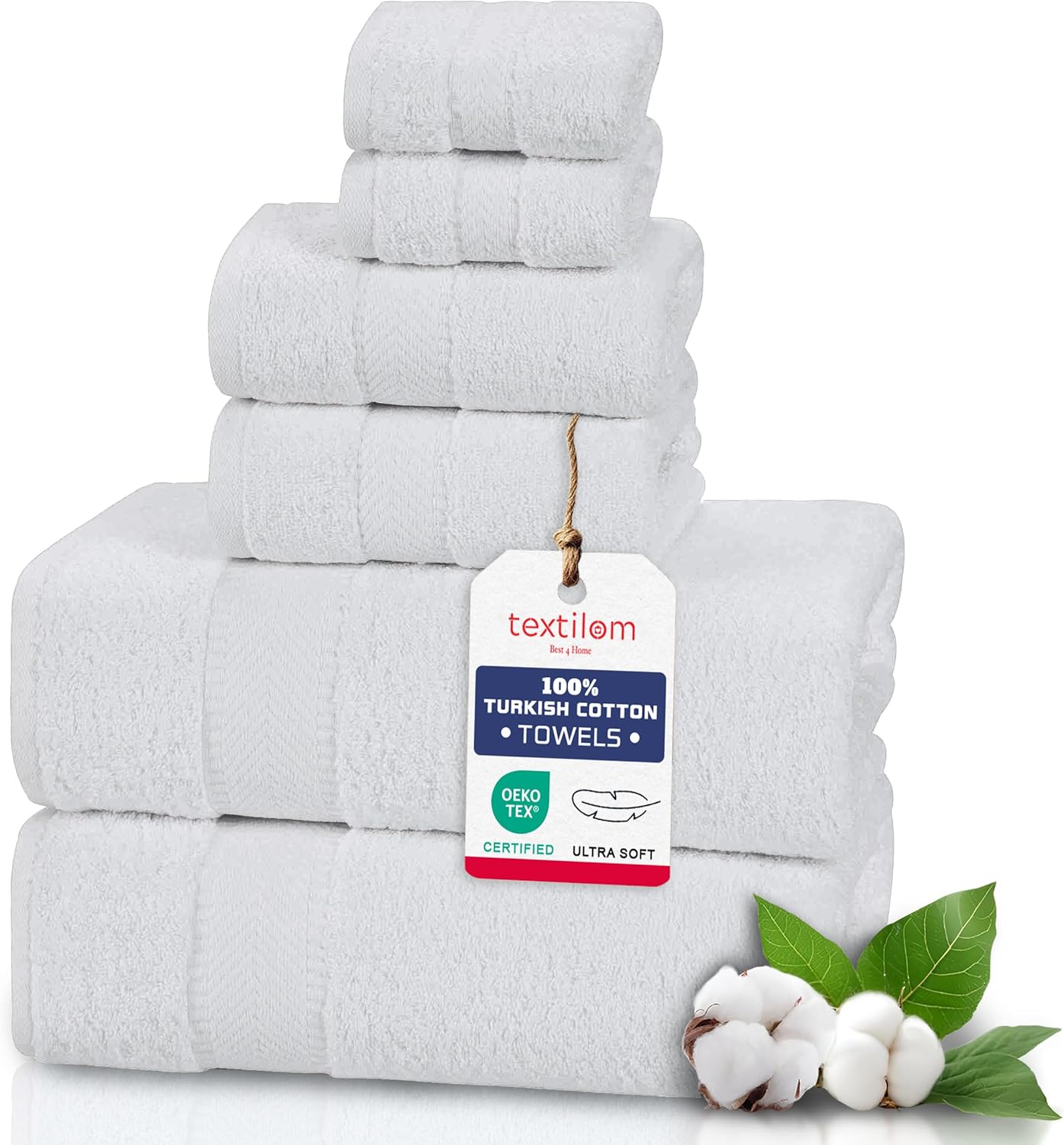 TEXTILOM 6 Pcs Bath Towel Set – Hotel and Spa Quality & Soft & Absorbent & Quick Dry Bath Towels for Bathroom –100% Turkish Cotton Bathroom Towels Set (2 Bath Towels,2 Hand Towels,2 Washcloths)-White