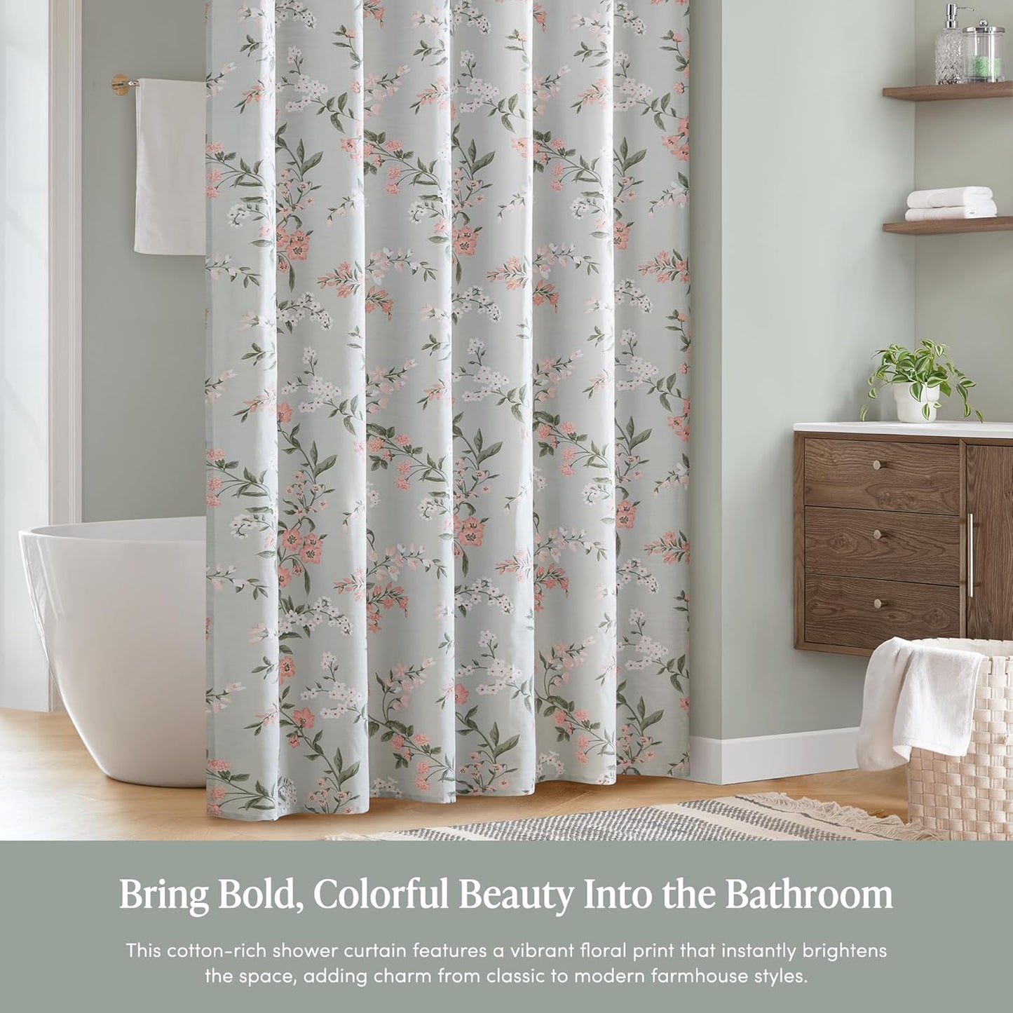Martha Stewart Meadow Floral Shower Curtain, Cotton-Rich Slub Texture, Timeless Garden Design, Classic to Modern Farmhouse Bathroom Decor, Machine Washable 72"x72", Green