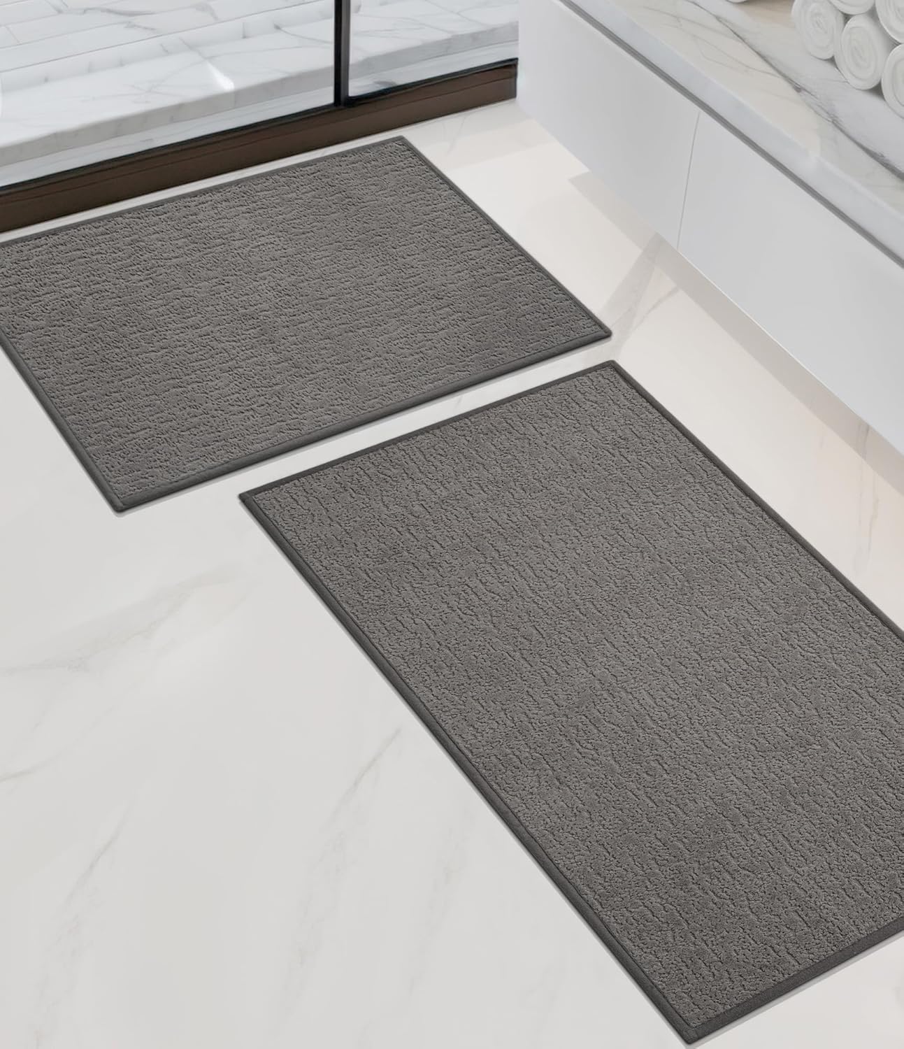 Chakme 2 Piece Bathroom Rug Sets, Ultra Thin Bath Mat Quick Dry, Absorbent, Non Slip, Machine Washable, Dark Grey, 17" x 24"