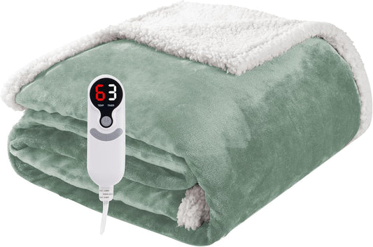 Electric Heated Blanket Throw Size 50"x60", Soft Flannel with Overheat Protection, 6 Adjustable Heat Settings & 3-Hour Auto-Off Timer, Fast Heating for Winter Comfort, Light Green