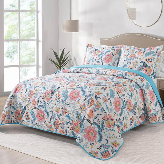 BEDIFANY Garden Cotton Filling Queen Size Quilt Set - Lightweight Bedspreads Queen Size (90 x 98 inch) with Colorful Floral Pattern - Farmhouse Queen Quilt Bedding Sets for Bed Coverlet, 3 Pieces