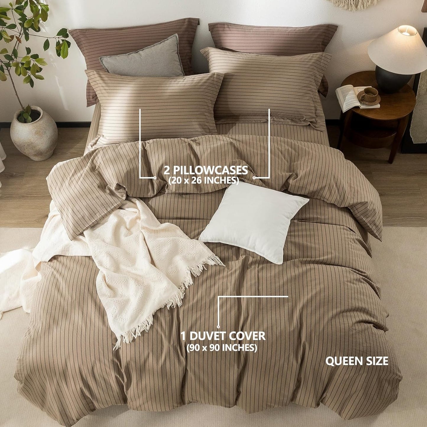 Stripe Duvet Cover Queen Size 90inch x 90inch,100% Washed Cotton Pinstripe Duvet Cover with Zipper Closure and 2 Pillowcases, Color of Light Camel-Black Stripe