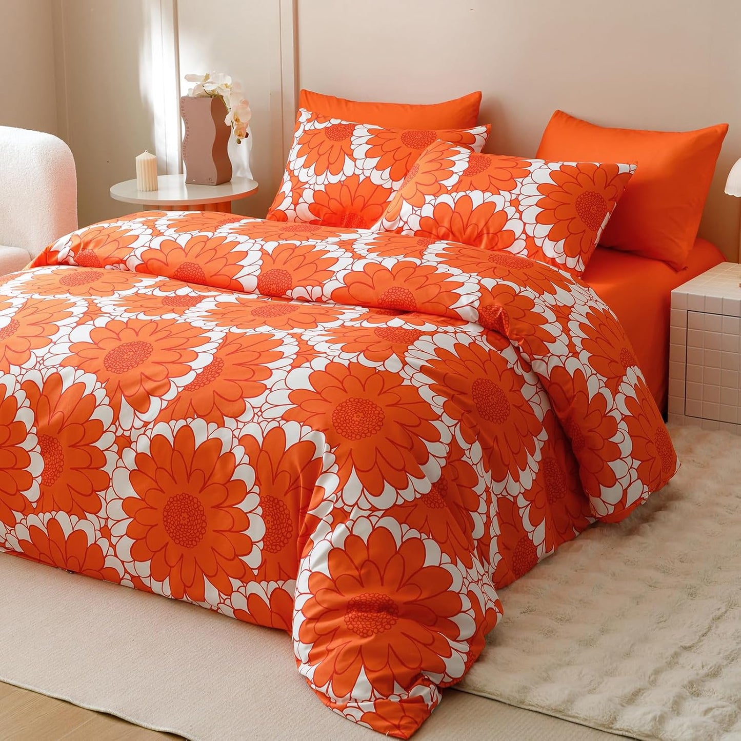 KAREVER Orange Sunflower Comforter Set Twin Size Orange Sunflower Bedding Set 3 PCs Comforter Set Twin Size Fluffy Linen Comforter Sets