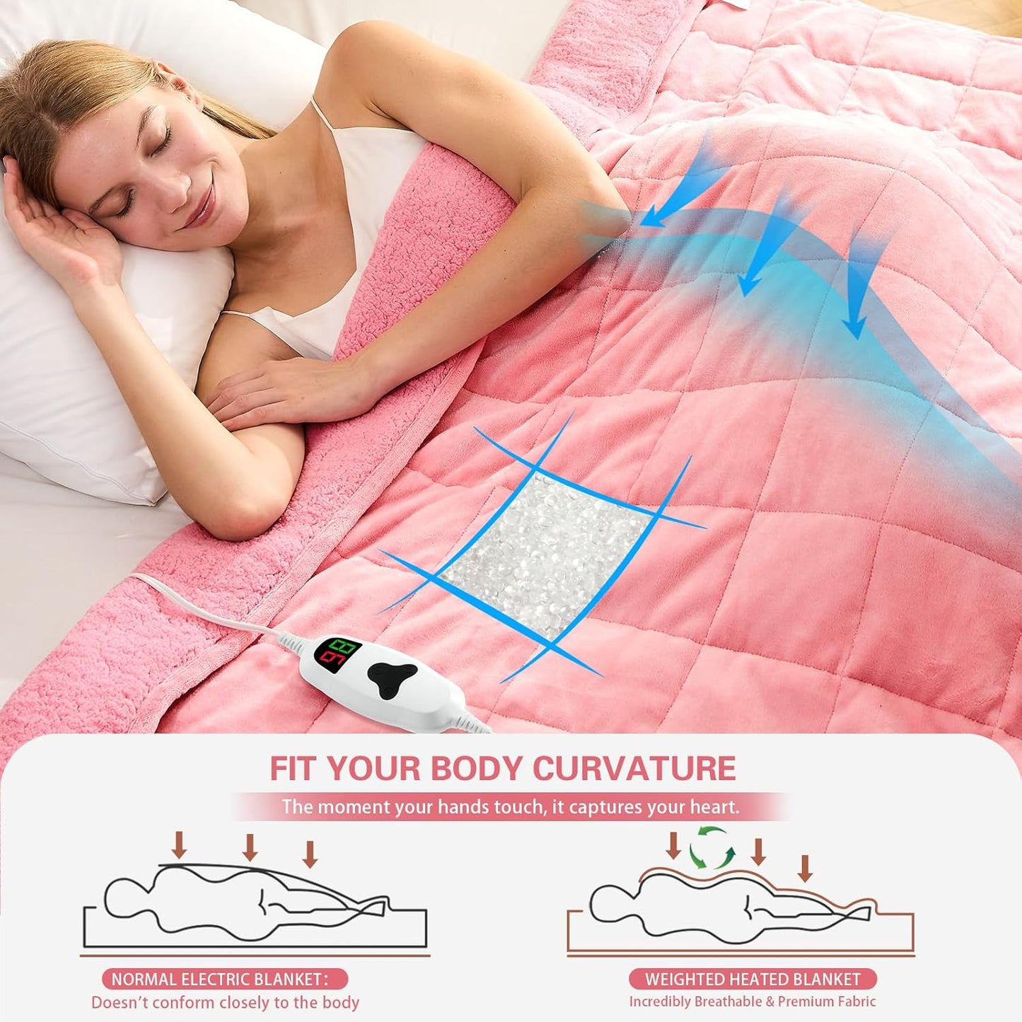 CYMULA Heated Weighted Blanket for Adults, Weighted Heated Blanket 50" x 60", 13lbs Sherpa Fleece Weighted Electric Blanket Soft Heating Blanket with 10 Heating Levels & 1-8 Hours Auto Off, Pink