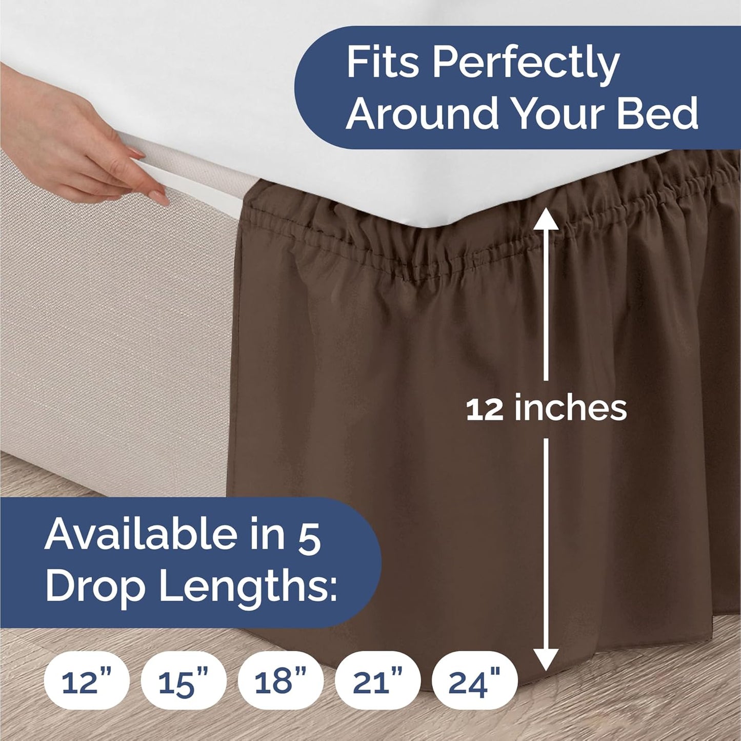Wrap Around Dust Ruffle Bed Skirt - Brown - for King Size Beds with 12 Inch Drop - Easy Fit Elastic Strap - Adjustable Pleated Bedskirt w/Brushed Fabric - Wrinkle Free - for Women, Men, Kids & Teens