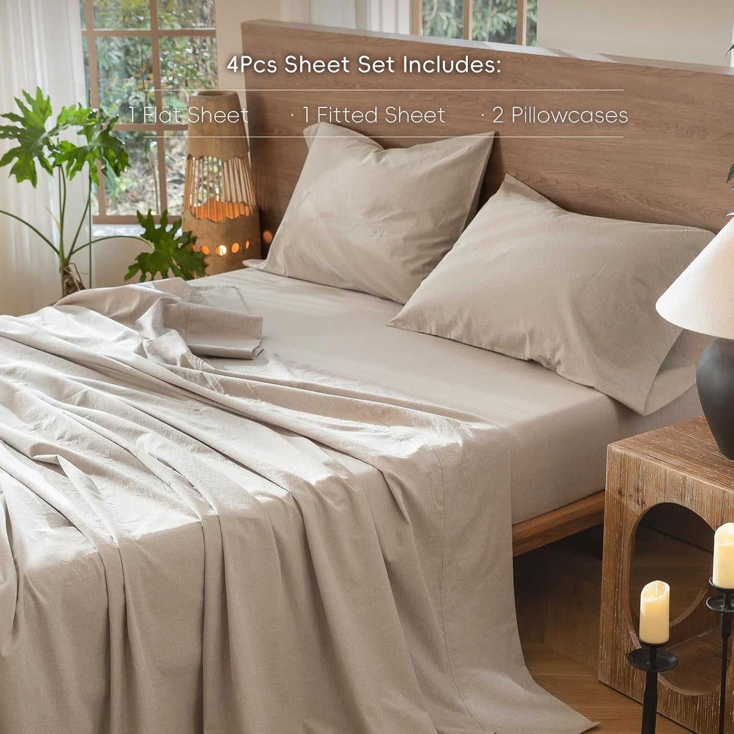 MooMee Bedding Sheet Set 100% Washed Cotton Linen Like Textured Breathable Durable Soft Comfy (Heathered Tannish Linen Grey, King)