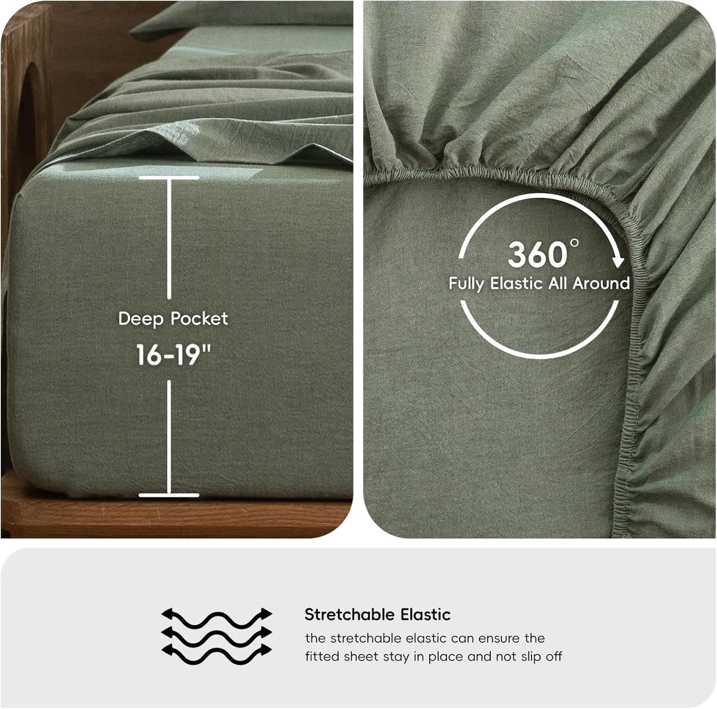 MooMee Bedding Sheet Set 100% Washed Cotton Linen Like Textured Breathable Durable Soft Comfy (Heathered Green, Twin)