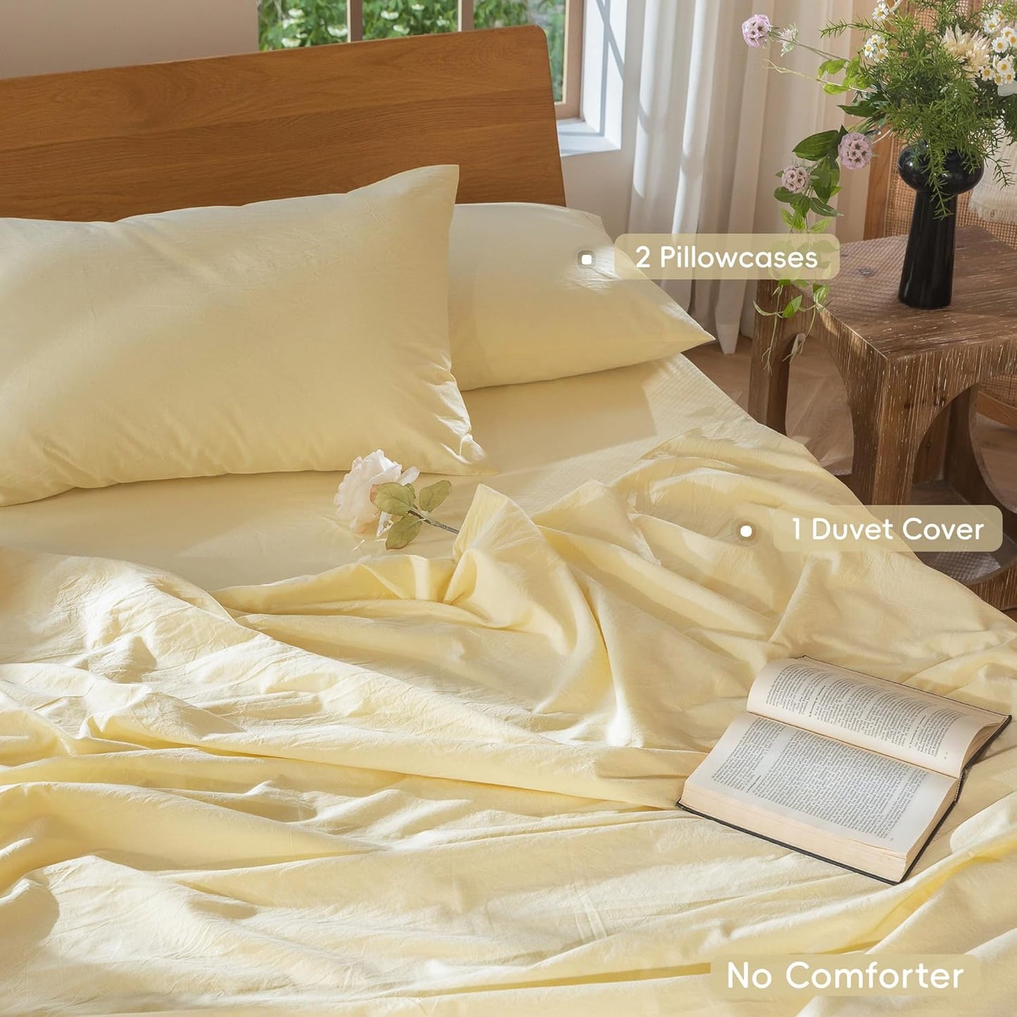 MooMee Bedding Duvet Cover Set 100% Washed Cotton Linen Like Textured Breathable Durable Soft Comfy (Heathered Butter Yellow, Cal King 104"x98")