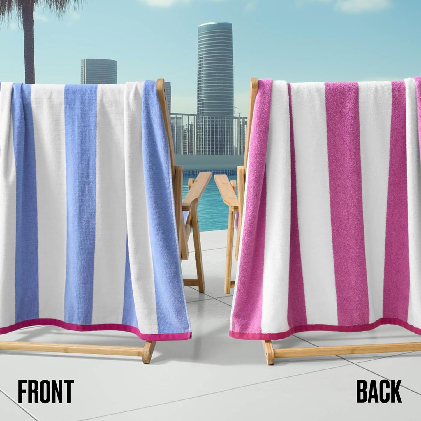 Juicy Couture Blue/White Hot Pink/White Reversible Cabana 36" x 72" 100% Cotton Oversized Beach Towel - Soft, Absorbent, and Quick-Drying, Perfect for Beach, Pool, or Travel