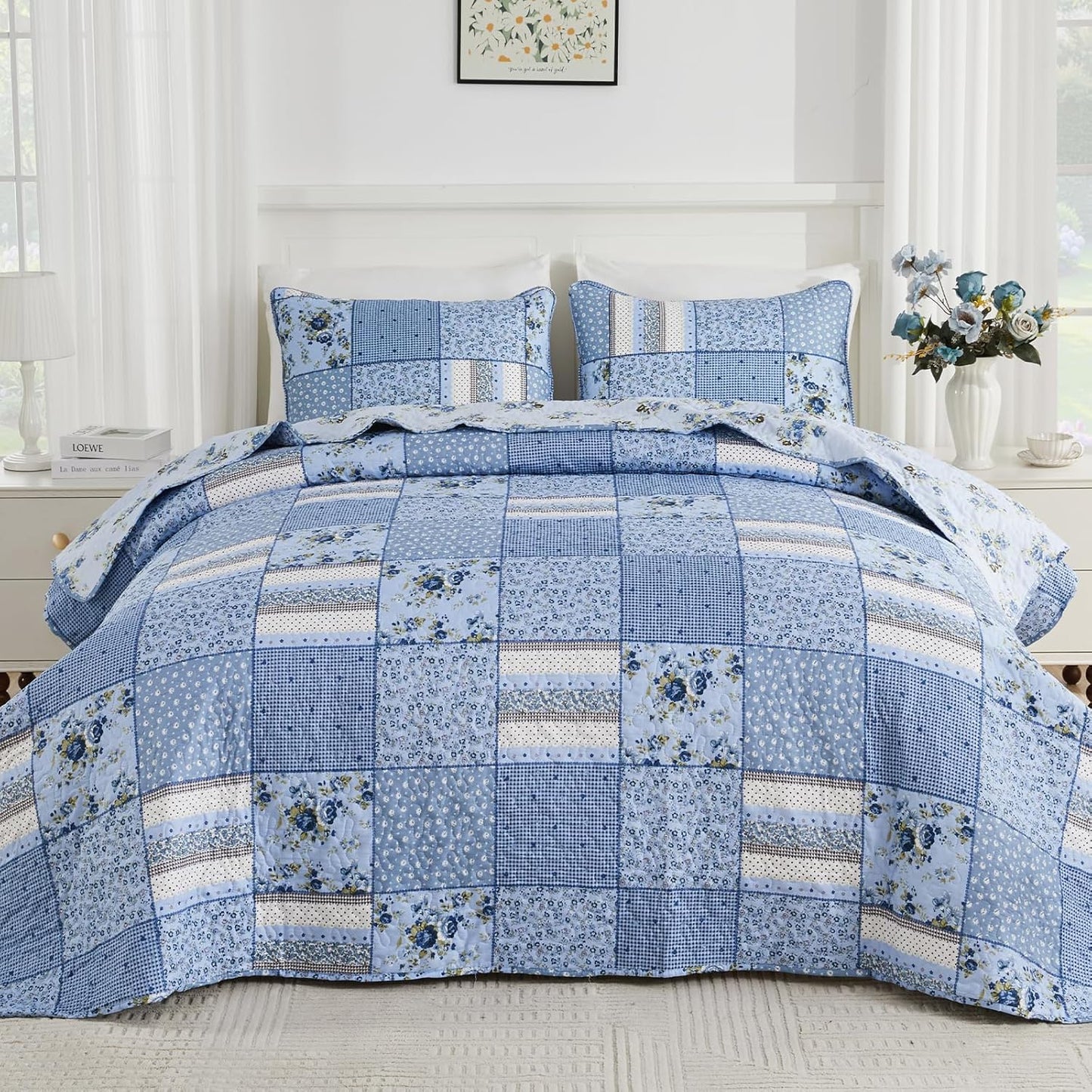 ENJOHOS 128x120 California King Quilt Sets Oversized, 3 Pcs Blue Plaid Floral Cal King Bedspread Coverlet Set for All Seasons, Patchwork Reversible Bedding Set