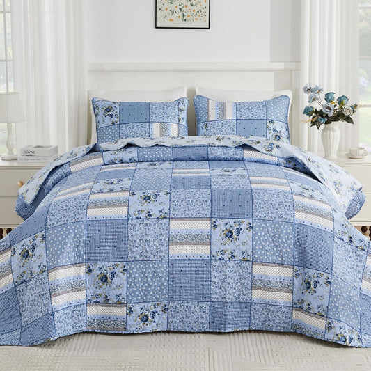 ENJOHOS Extra Wide Alaska King Quilts 132x120, 3 Pcs Blue Plaid Floral Oversized King Quilt, Extra Wide Bedspread Coverlet Set for All Seasons, Patchwork Reversible Bedding Set