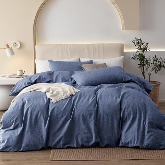 JIYUAN 100% Washed Cotton Duvet Cover Set 2 Pieces Twin, 1 Duvet Cover 68x90 Inches(Comforter Not Included) and 1 Pillowcase,Linen Like Comfy and Breathable,Heathered Blue