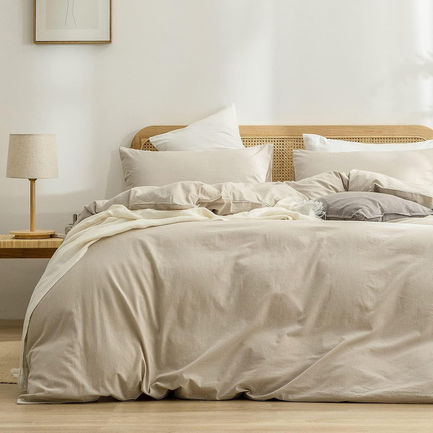 BESTOUCH Duvet Cover Set 100% Washed Cotton Linen Feel Super Soft Comfortable Chic Lightweight 3 PCs Home Bedding Set Solid Almond Milk Grey Oversized Full