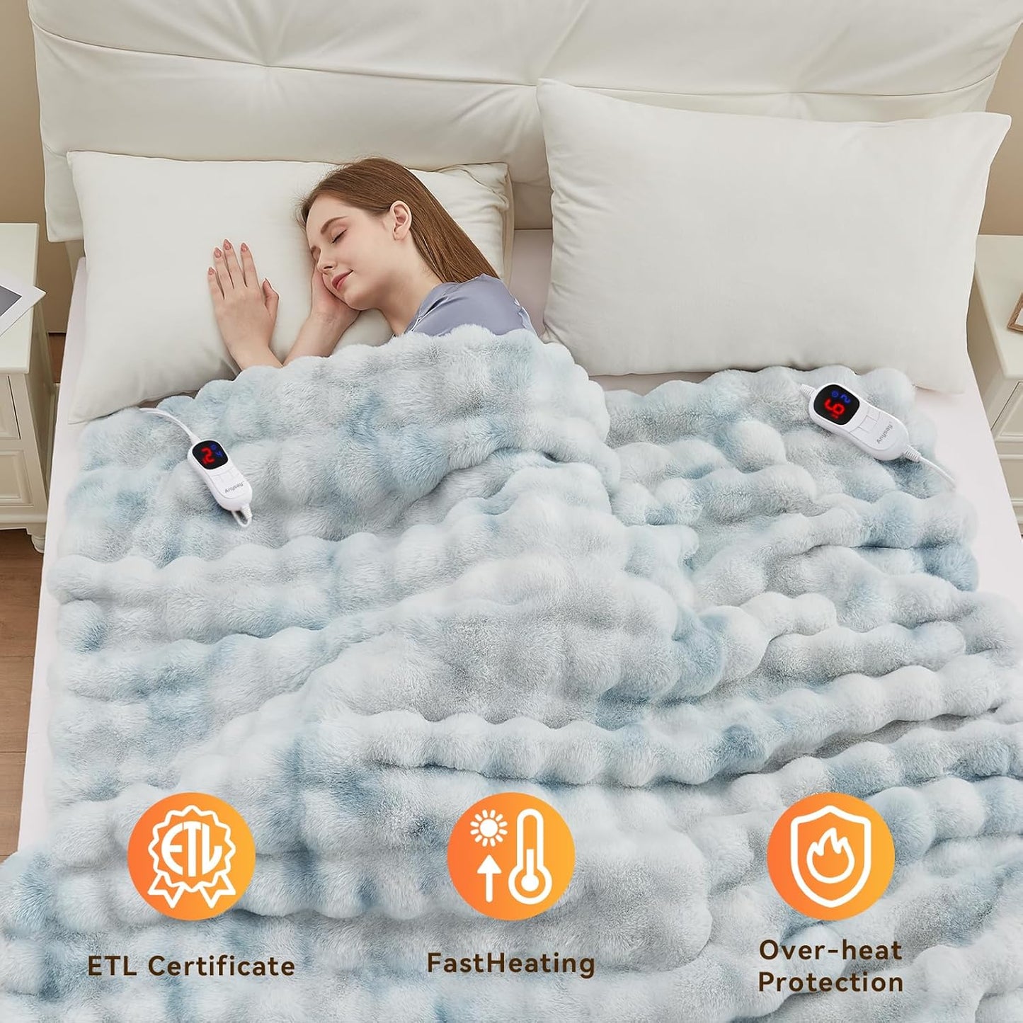 Heated Blanket King Size with 1/2/4/6/8 Hours Auto-Off 10 Heat Level, 90'' * 100'' Cozy Faux Rabbit Fur Bubble Electric Blanket with Overheat Protection(Tie-Dye Blue)