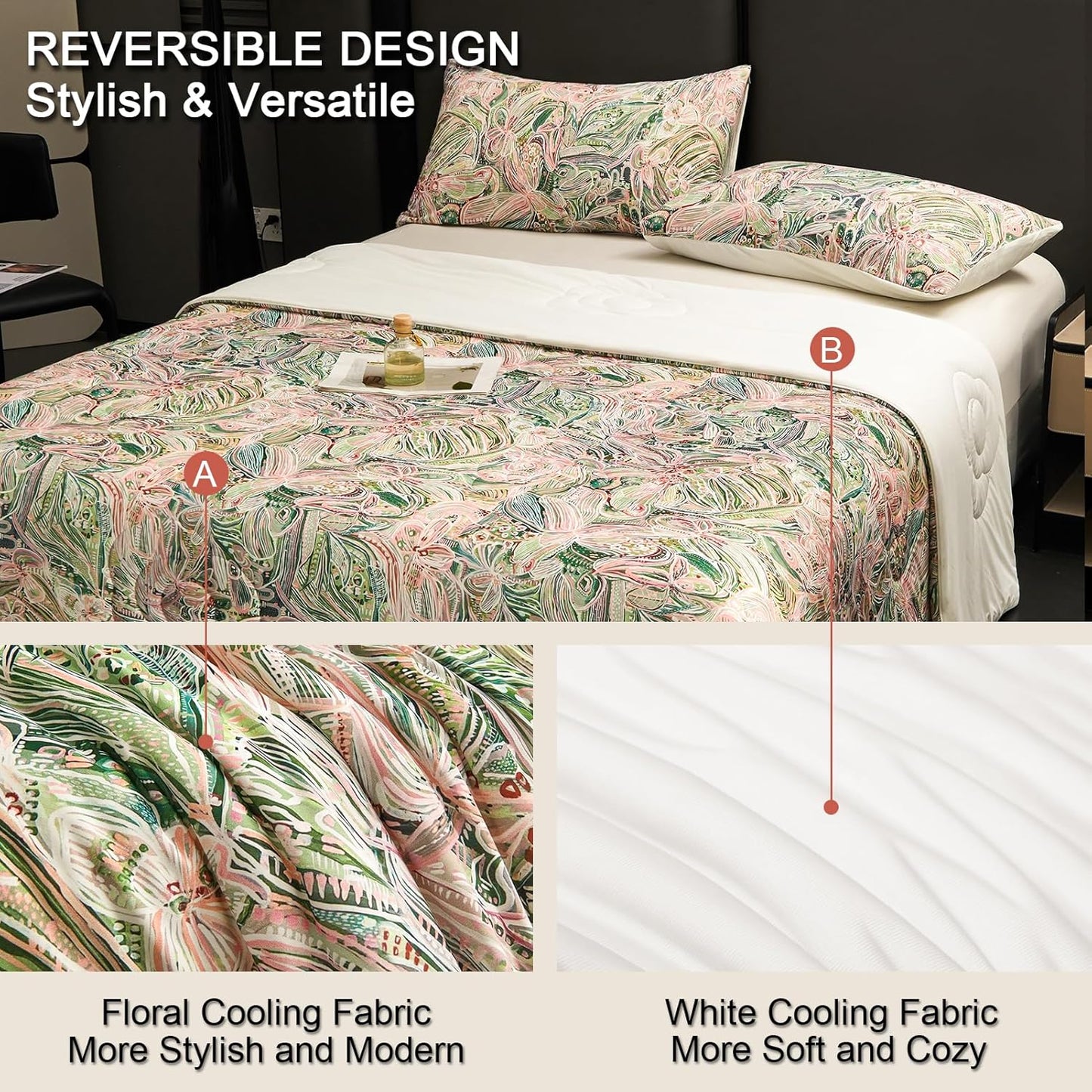 Cyusri Floral Print Cooling Comforter Set 2Pcs Breathable Cool Twin Size Bedding Set with 1 Pillowcase Green Pink Flowers Pattern Silky Cold Quilt, 68"x90"