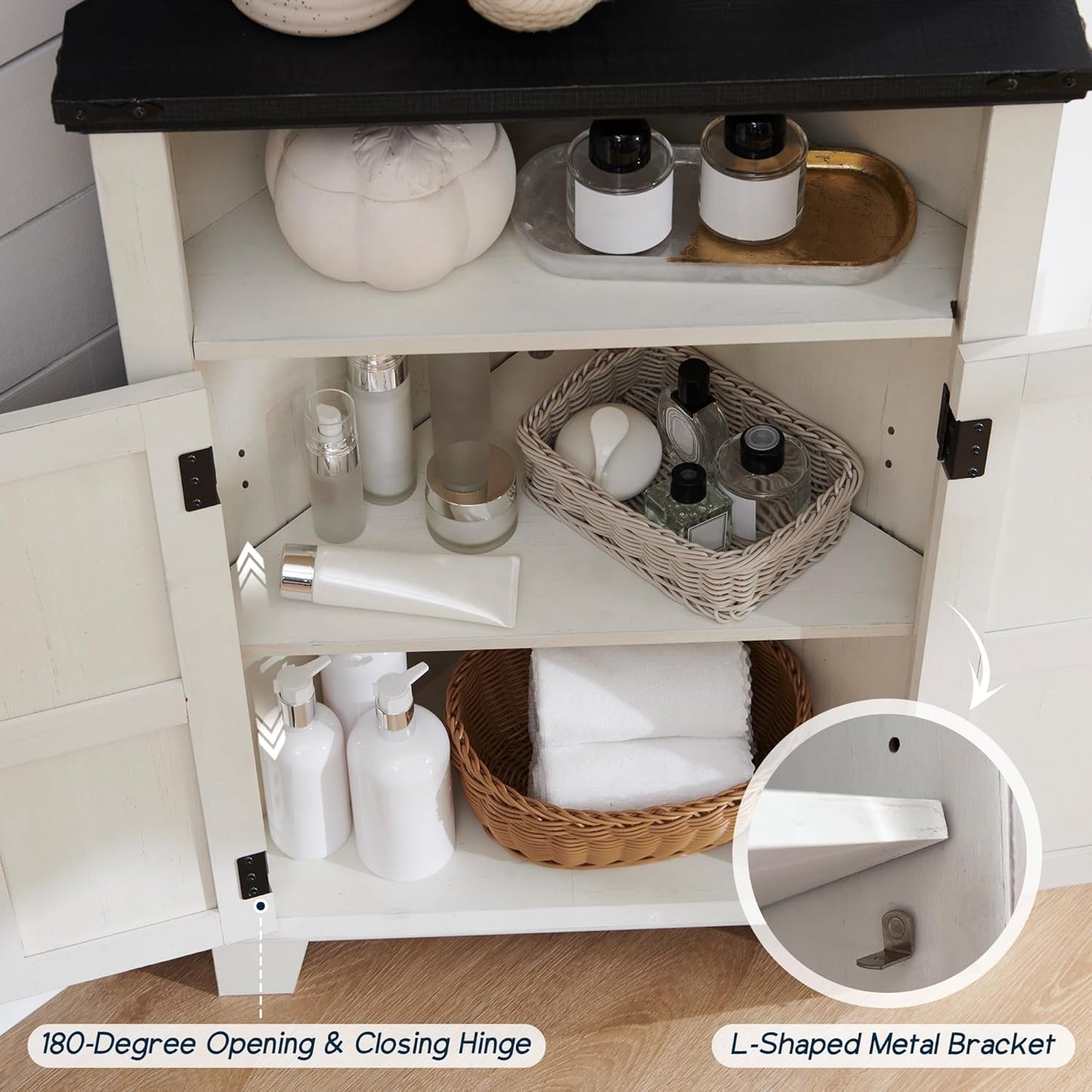 ACCOHOHO Corner Bathroom Cabinet, Farmhouse Small Corner Cabinet with Barn Door & Adjustable Shelf, Storage Cabinets for Bathroom, Kitchen, Living Room, Off White
