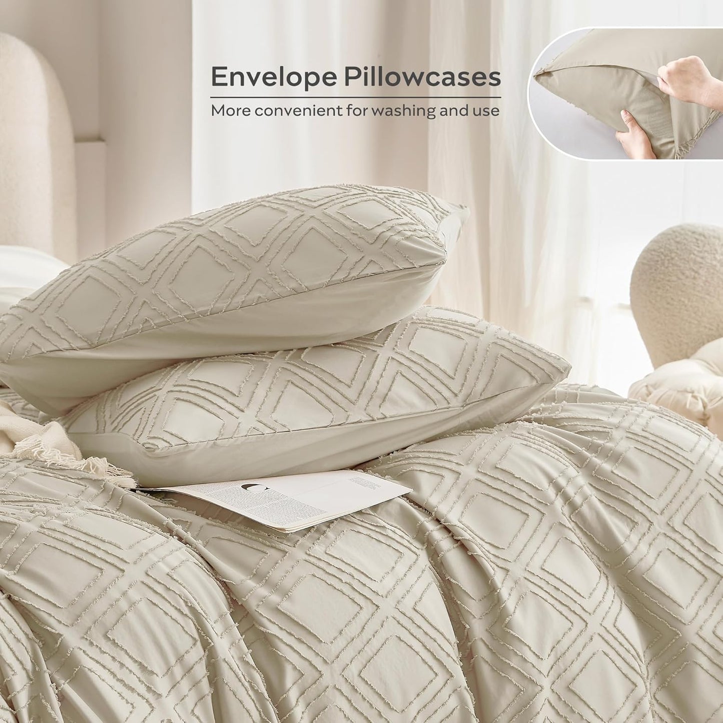 JELLYMONI Duvet Cover Twin Size Light Khaki - 3PCS Boho Duvet Cover Set Plaid Polyester Tufted Bohemian Jacquard Knit Textured Comforter Cover 68×90in Rhombic Geometric Pattern Corner Ties & Zipper