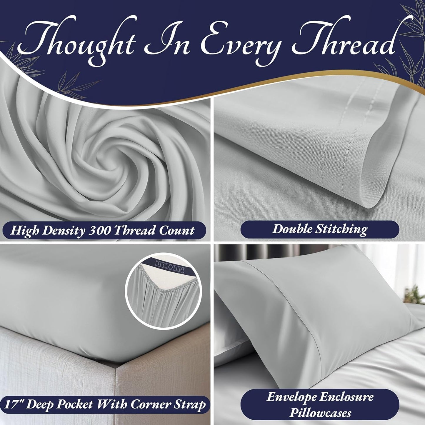 DECOLURE 100% Viscose Derived from Bamboo Sheets King Size 4pcs - Ultra Soft & Luxuriously Cooling, 17" Deep Pocket, Double Stitching, Perfect for Hot Sleepers - King Bed Sheets (Light Grey)