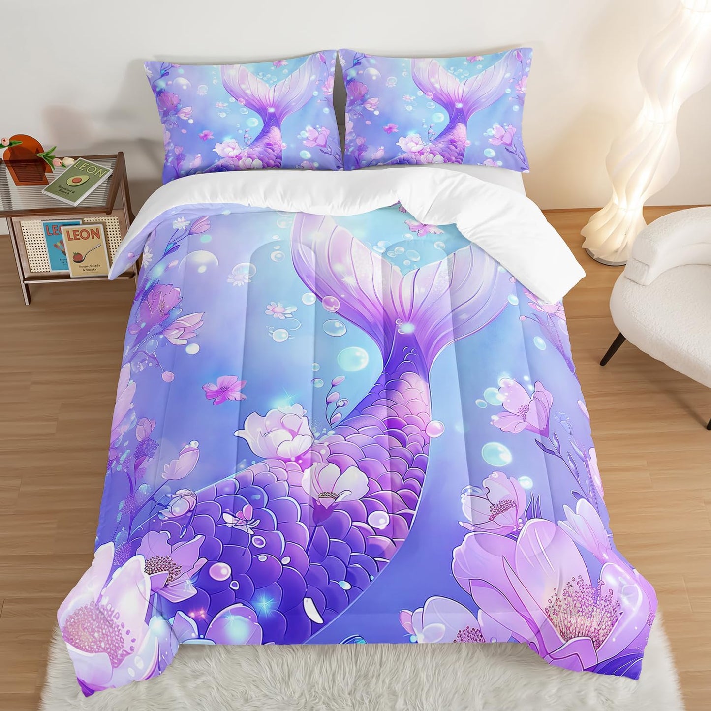 Pretty Mermaid Comforter Twin for Girls Kids, Mermaid Fish Scale Floral Pattern Bedding for Girls Bedroom Decor, Ocean Themed Comforter Bedding Sets with 2 Pillowcases