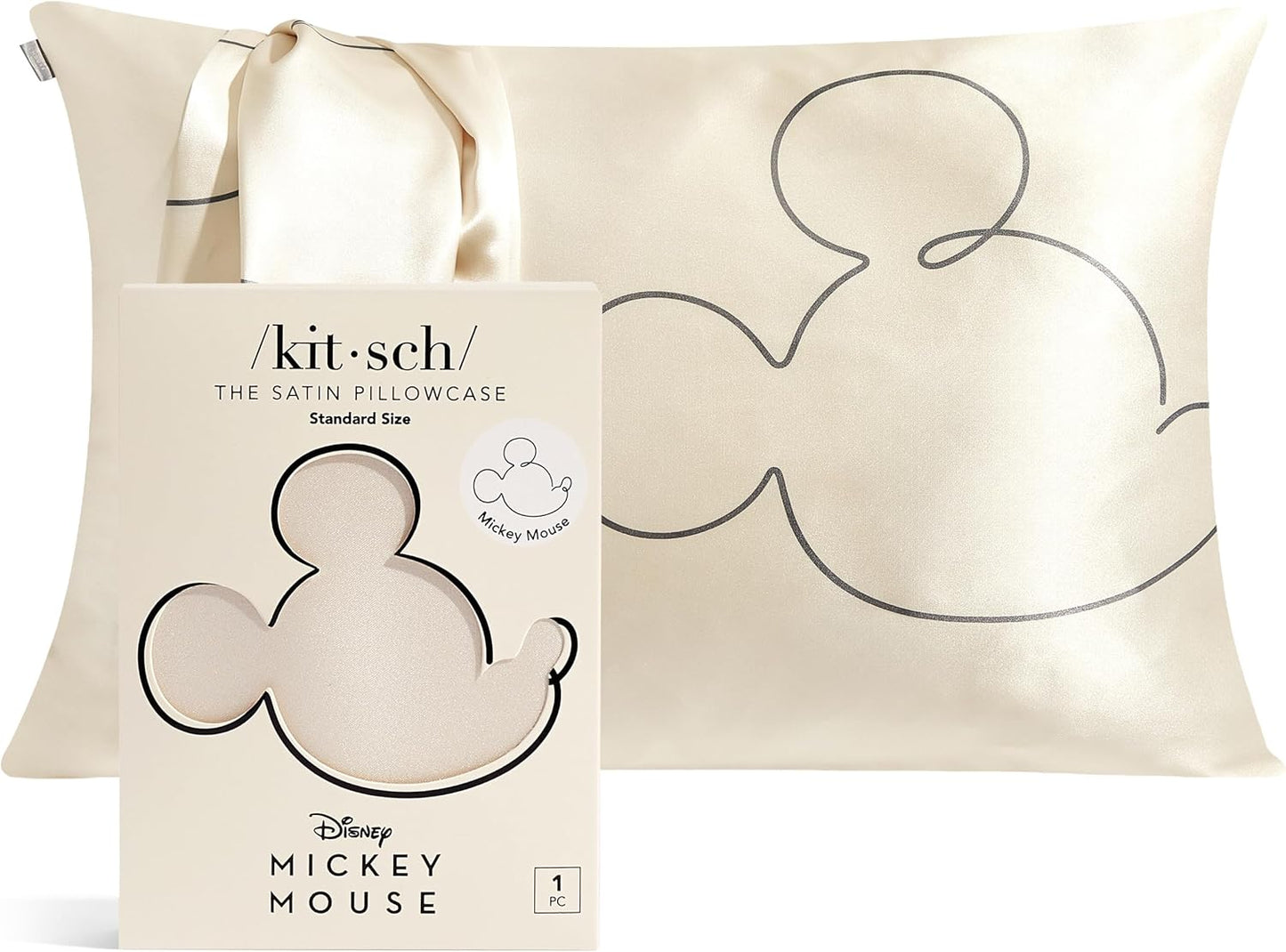 Kitsch & Disney Mickey Mouse Satin Pillowcase with Zipper Softer Than Silk, Cooling Pillowcase for Hair & Skin, Wrinkle-Free, Washable, Queen/Standard (19x26)