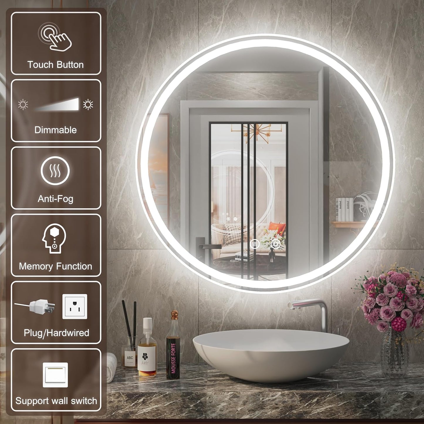 32 Inch Round LED Bathroom Mirror with Anti-Fog, Dimmable Front & Backlit Lights, 6000K Daylight, Frameless, 5mm HD Glass, Memory Function, Touch Control