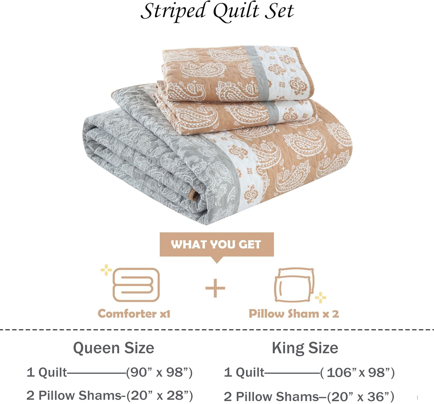 Terracotta Quilts Queen Size, Cotton Queen Comforter Set, Orange Grey Bedding, Lightweight Bedspread Machine Washable 3 Piece