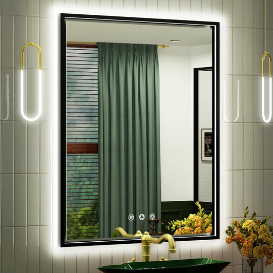 30x36 Inch Black LED Bathroom Mirror with Front and Back Lights, 3000K/4500K/6000K, Wall Mounted Framed Lighted Bathroom Vanity Mirror, Stepless Dimmable, Anti-Fog, Horizontal/Vertical