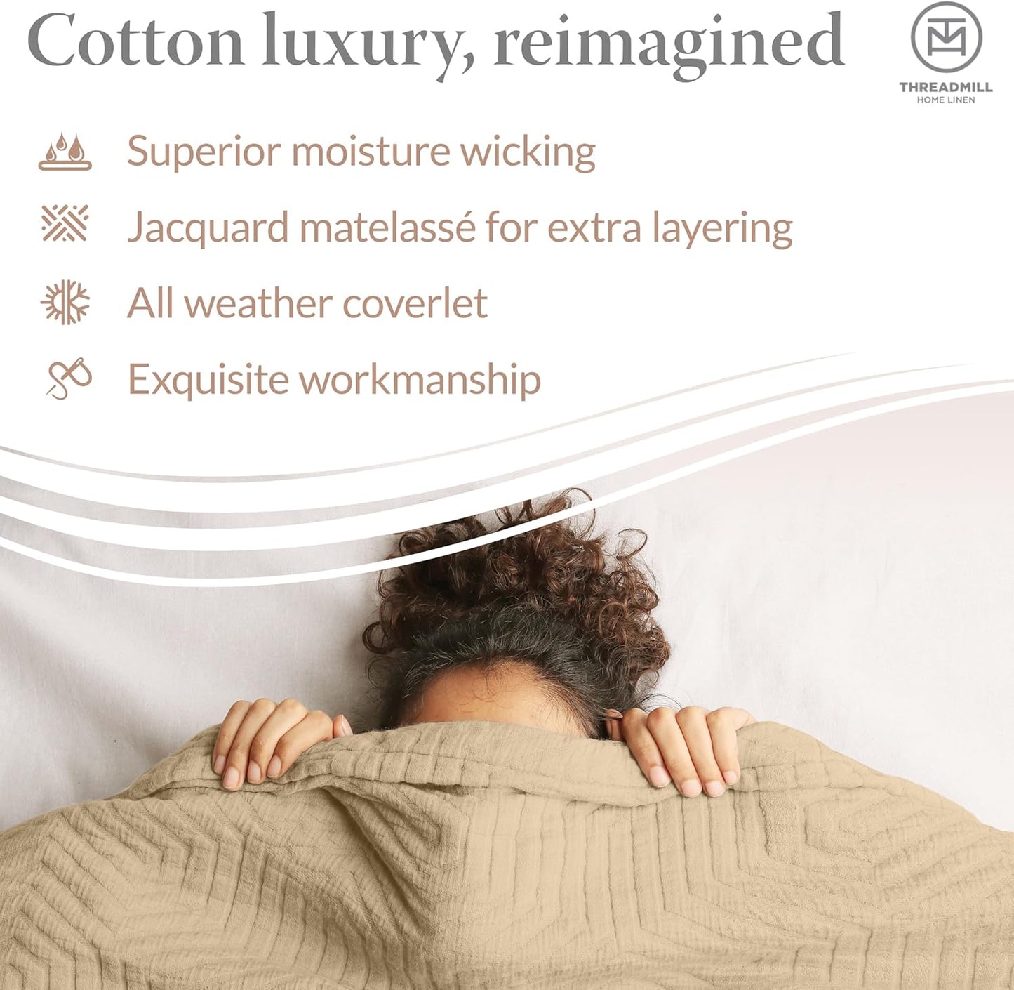 Threadmill Luxury Cotton Blankets for Queen Size Bed | All-Season 100% Cotton Queen Size Blanket | Aster Jacquard Cozy Lightweight, Soft Breathable Coverlet fits Full Size Bed, 90x92 | Beige