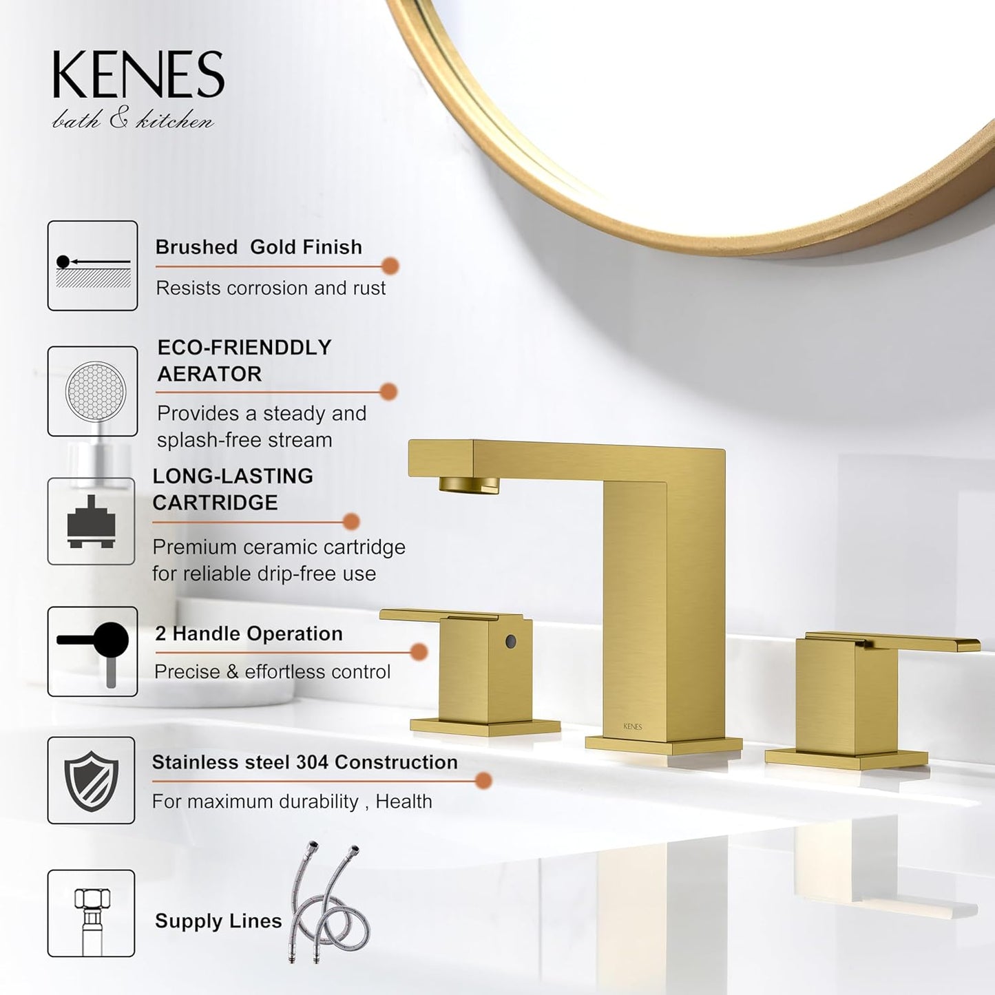 KENES Brushed Gold Widespread Bathroom Faucet 2 Handle Bathroom Sink Faucets 3 Hole, Gold 8-Inch 3 Pieces Vanity Lavatory Faucet with Supply Lines, KE-9050-4