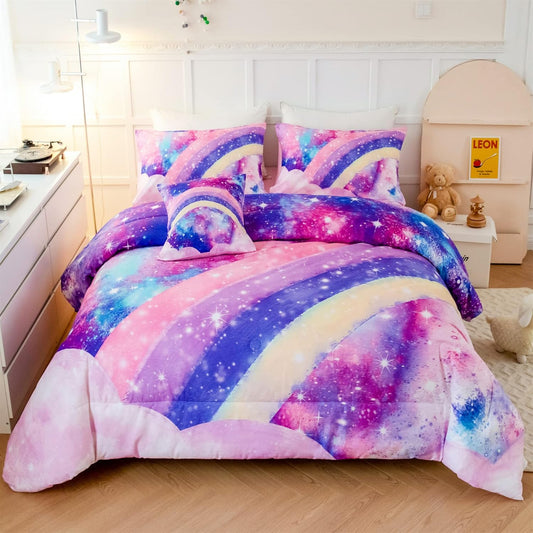 ANGIYUIN 6Pcs Rainbow Queen Size Comforter Set for Girls 3D Pastel Tie Dye Pink Comforter Bedding Set Soft Lightweight Bed in a Bag with Sheet Sets