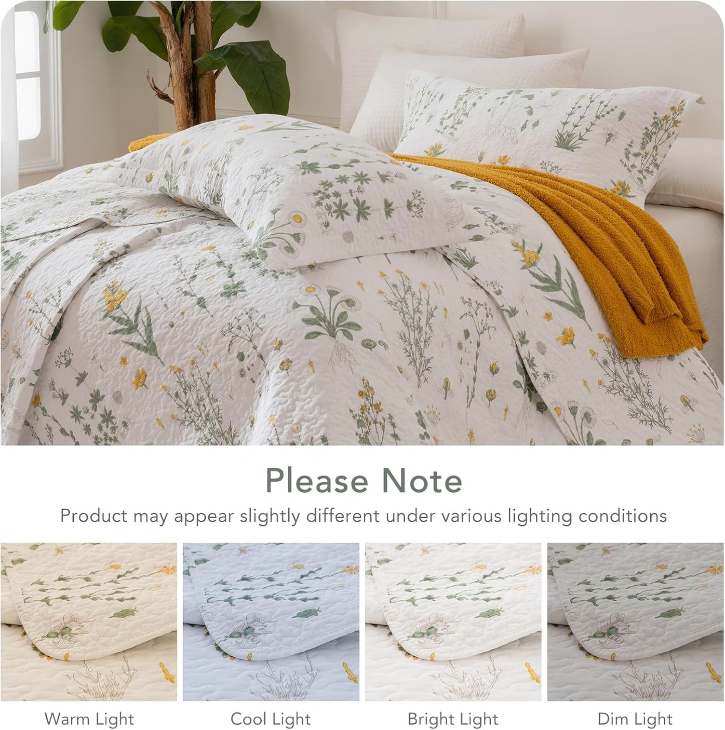 Lady Ann Cotton Quilt Sets Queen - Yellow Floral & Green Leaves Pattern Botanical Printed Quilted Coverlet, 3 Pcs Lightweight Soft Cottagecore Queen Bedspread Set Shabby and Chic Bedding