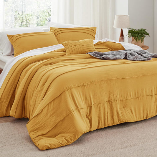Bedsure California King Comforter Set - 4 Pieces Pinch Pleat Bed Set, Mustard Yellow Boho Bedding for All Season, 1 Soft Comforter, 2 Pillowcases, 1 Decorative Pillow