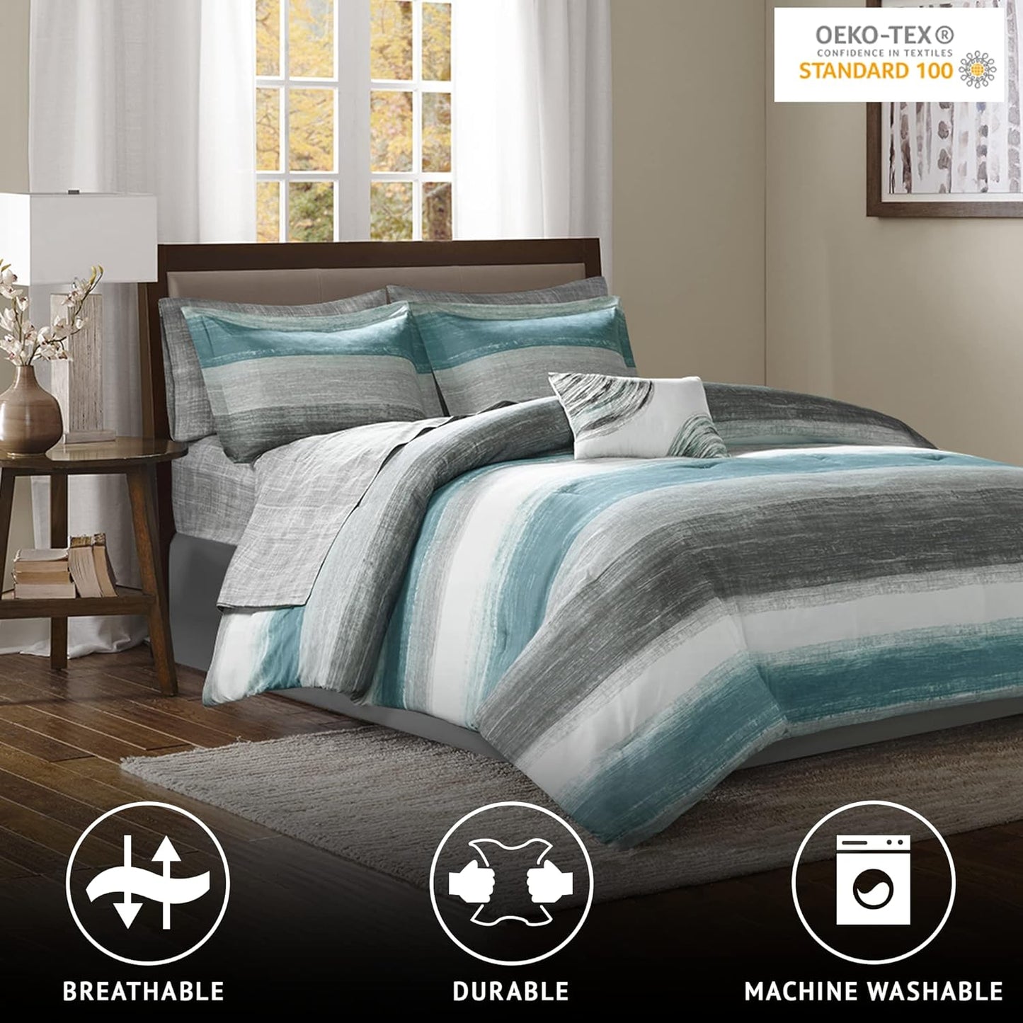Madison Park Essentials Cal King Comforter Set, Bed in a Bag, Watercolor Print Coastal Comforter & Chambray Cotton Sheet Set, All Season Bedding Set, Saben, Aqua Cal-King (104 in x 92 in) 9 Piece