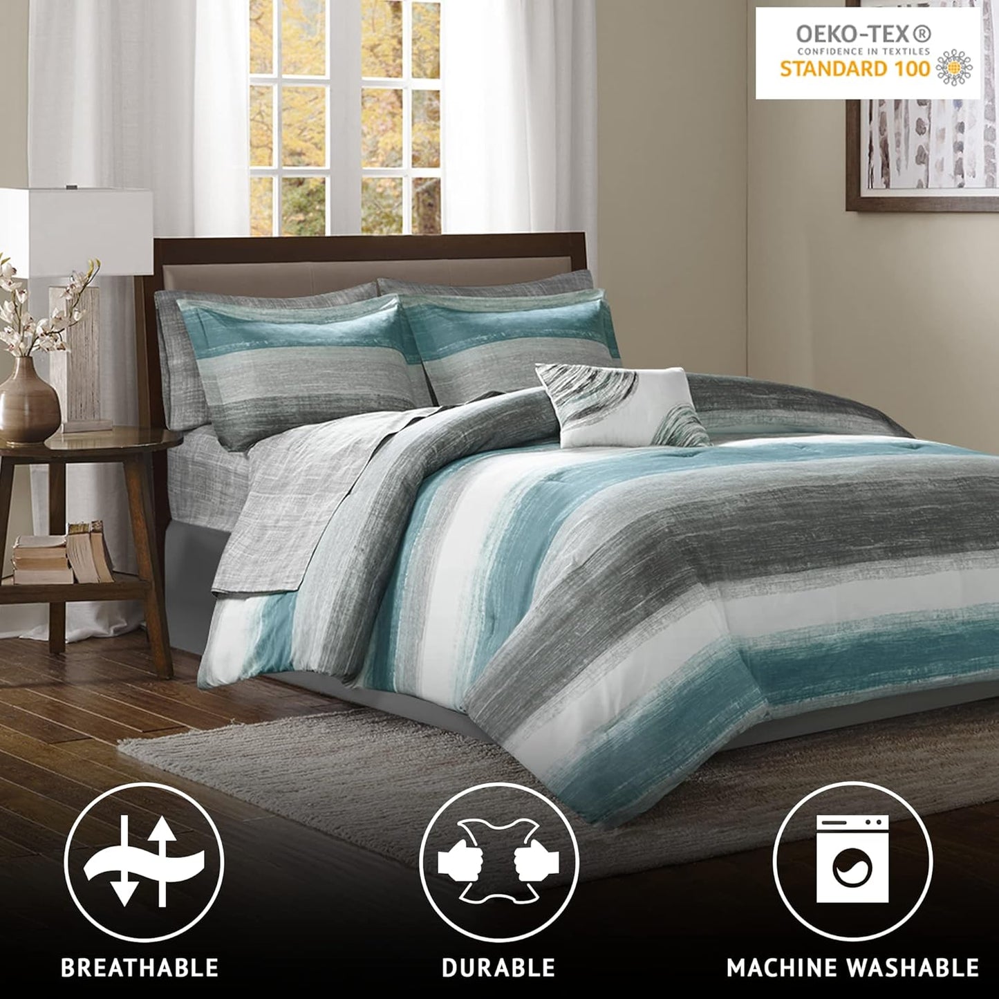 Madison Park Essentials Full Comforter Set, Bed in a Bag Full, Watercolor Print Coastal Comforter & Chambray Cotton Sheet Set, All Season Bedding Set, Saben, Aqua Full (78 in x 86 in) 9 Piece