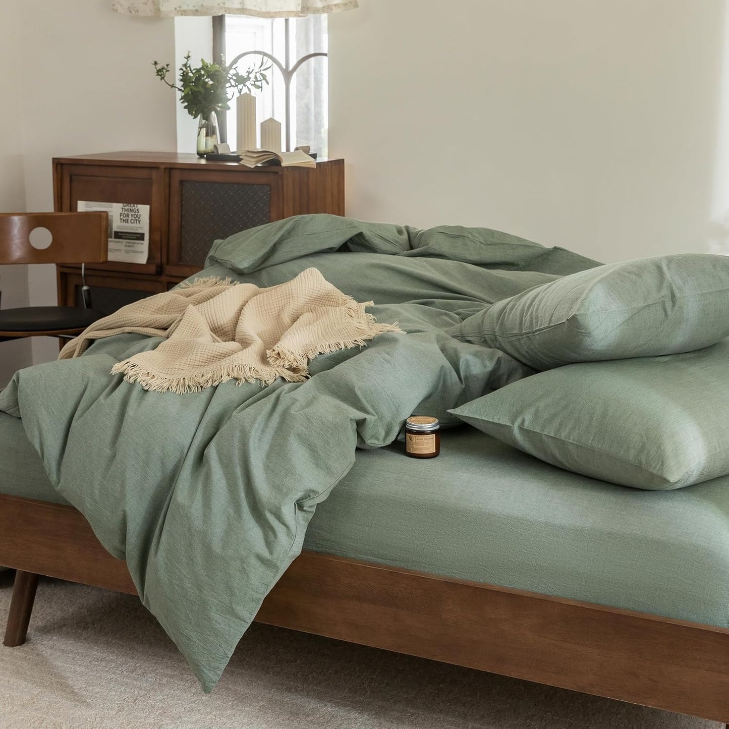 FOSSA Duvet Cover Set 100% Washed Cotton Linen Feel Super Soft Breathable Cozy Simple Style 3 Pieces Bedding Sets Solid Heathered Green Twin