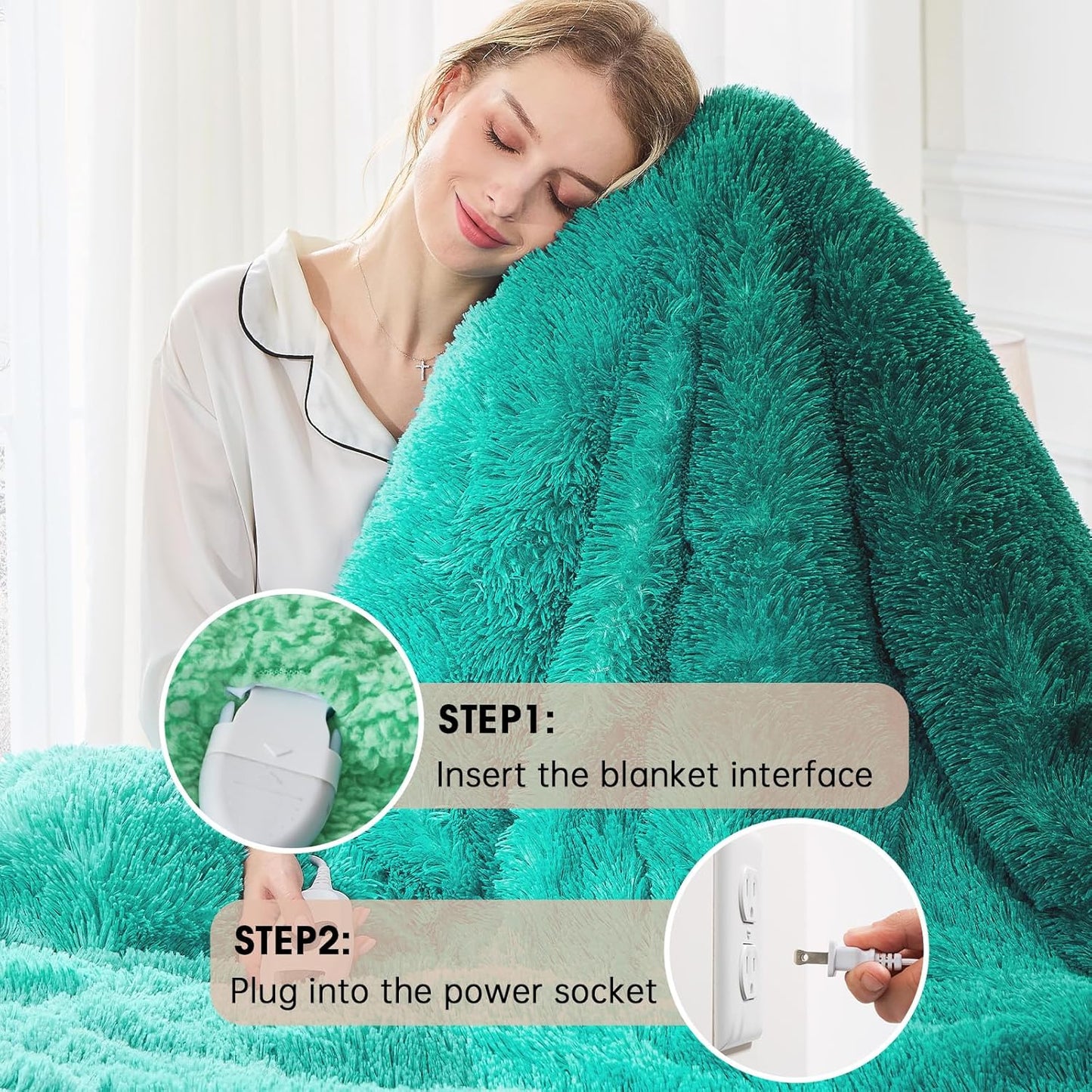 Heated Electric Blanket Throw–Faux Fur with Soft Thick Sherpa,Warm Winter Birthday Gifts for Women Grandma10 Heat Settings,5 Time Settings with Fast Heating, 50x60, Forest Mist