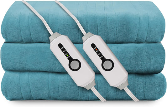 Electric Heated Blanket 84"x90" Queen Size, Soft Coral Fleece, Dual Controllers with 4 Heating Levels and 10 Hours Auto-Off, Machine Washable, Cozy Plush Fabric for Home, Teal