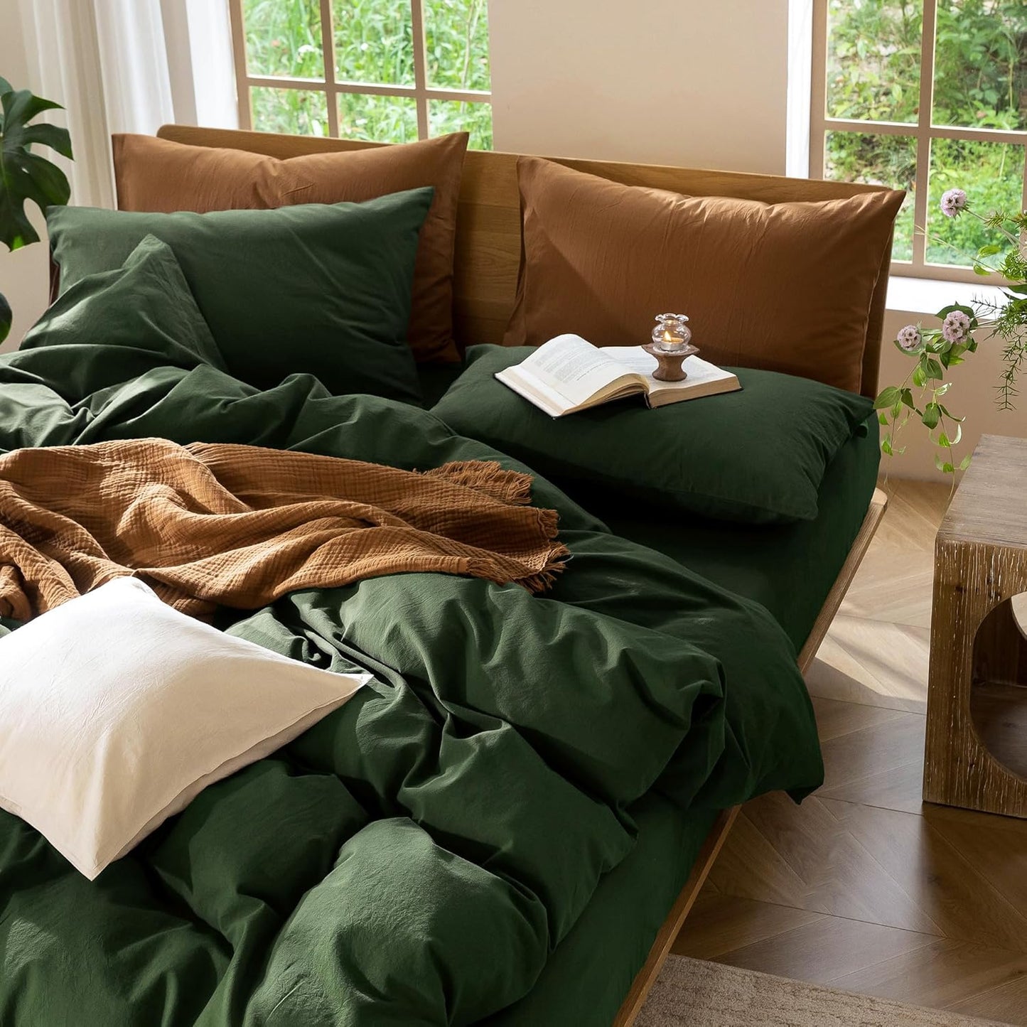 MooMee Bedding Duvet Cover Set 100% Washed Cotton Linen Like Textured Breathable Durable Soft Comfy (Solid Forest Green, Cal King 104"x98")