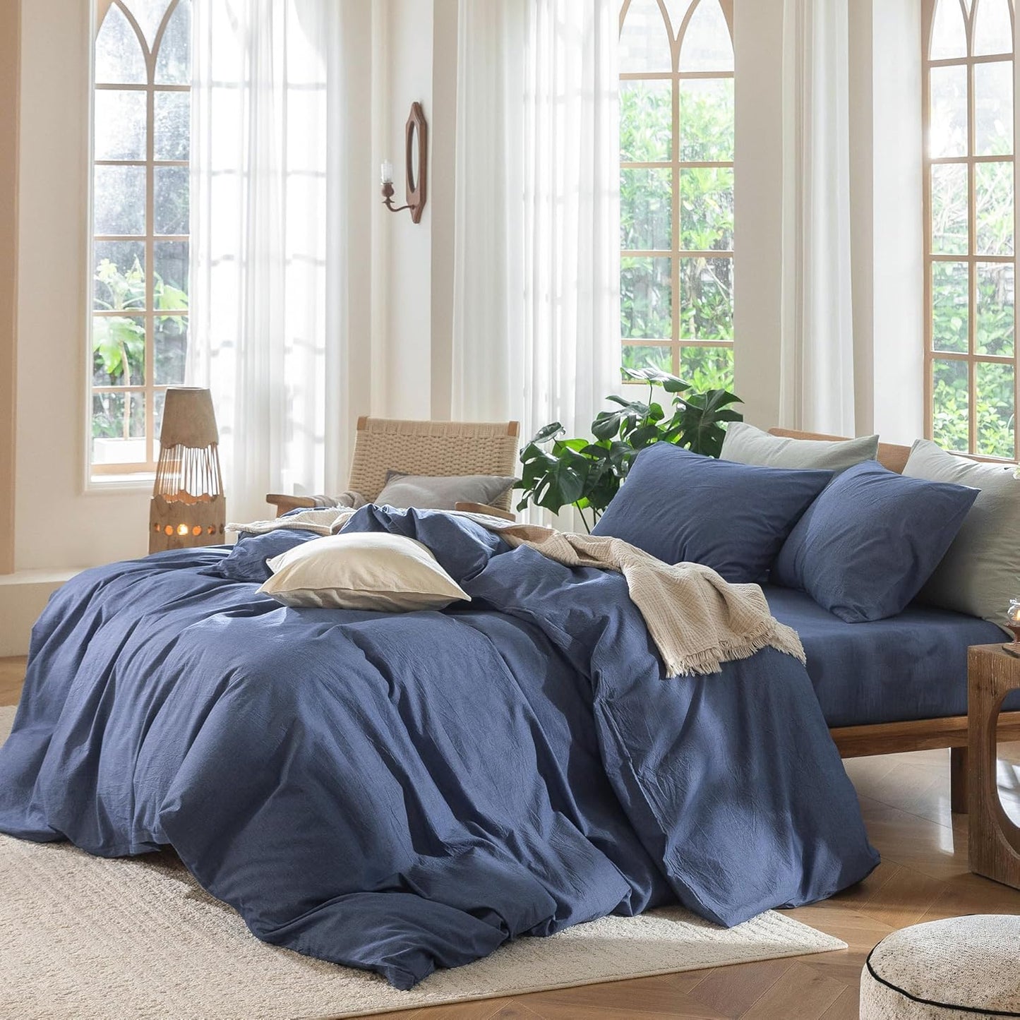 MooMee Bedding Duvet Cover Set 100% Washed Cotton Linen Like Textured Breathable Durable Soft Comfy (Heathered Blue, Super King 108"x98")